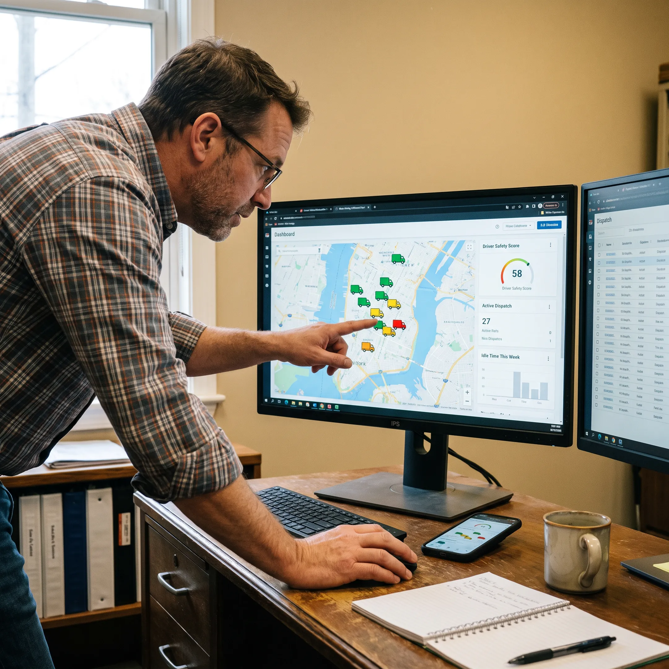 Plumbing company fleet manager reviewing vehicle locations and job activity on software dashboard