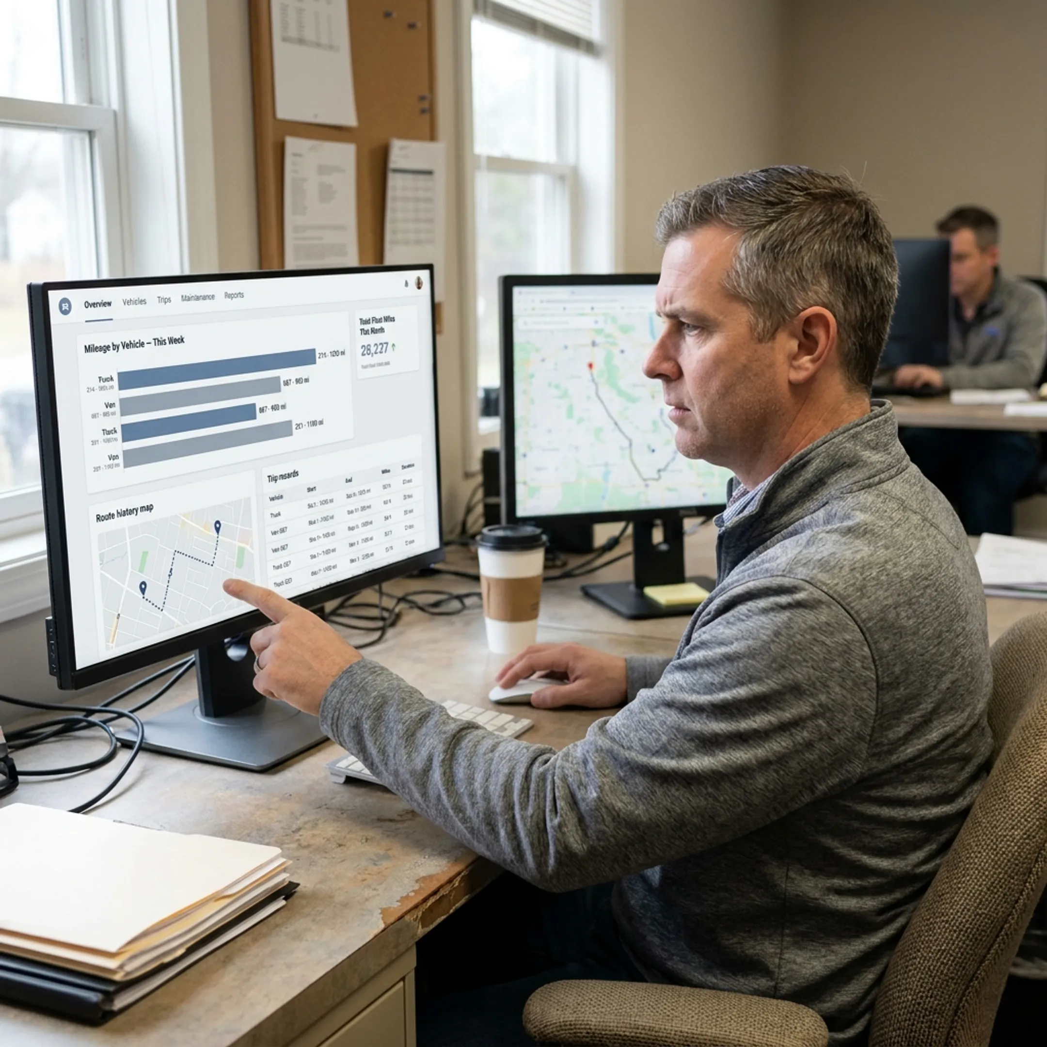 Fleet operations manager reviewing organized mileage data