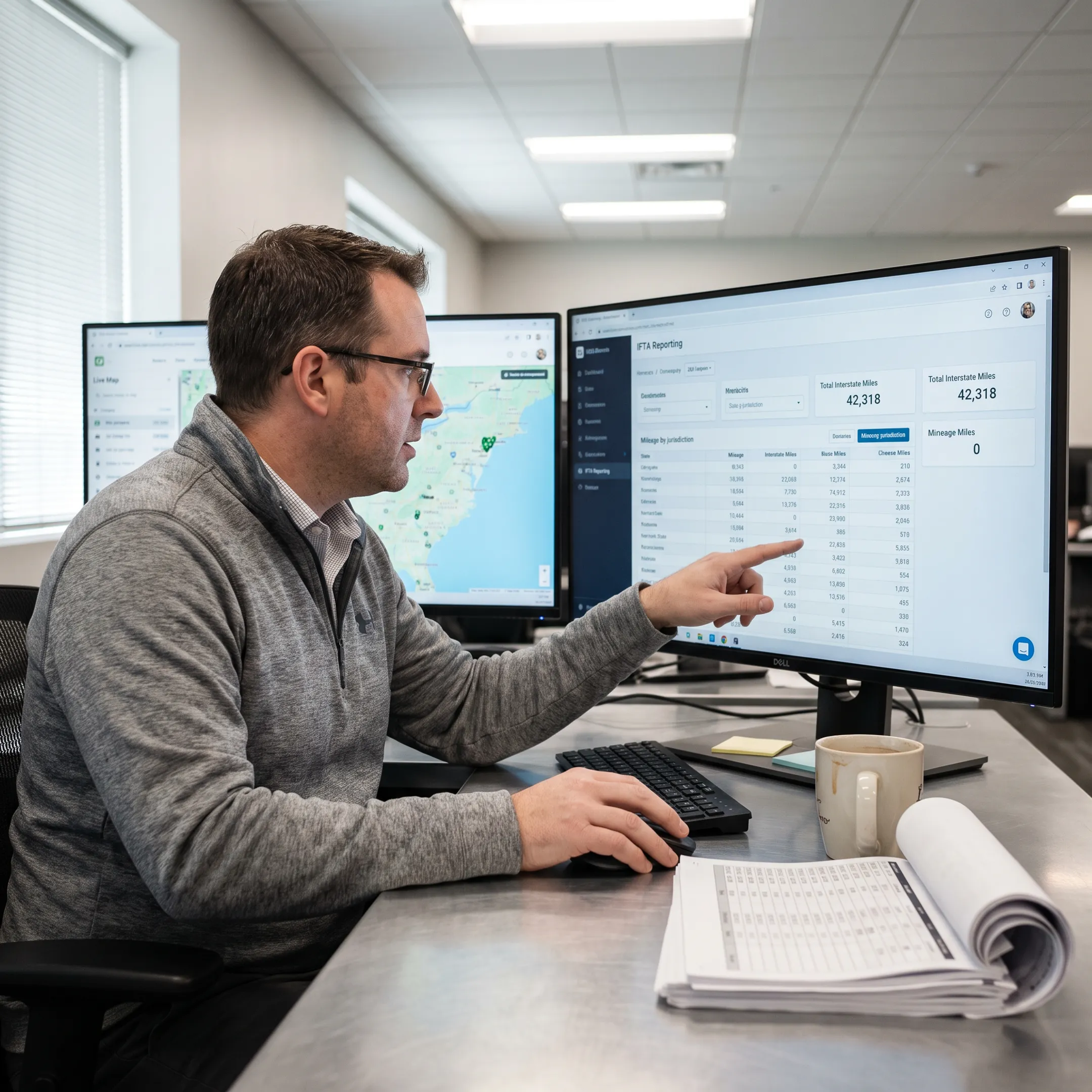 Fleet manager reviewing IFTA mileage reports on a computer dashboard