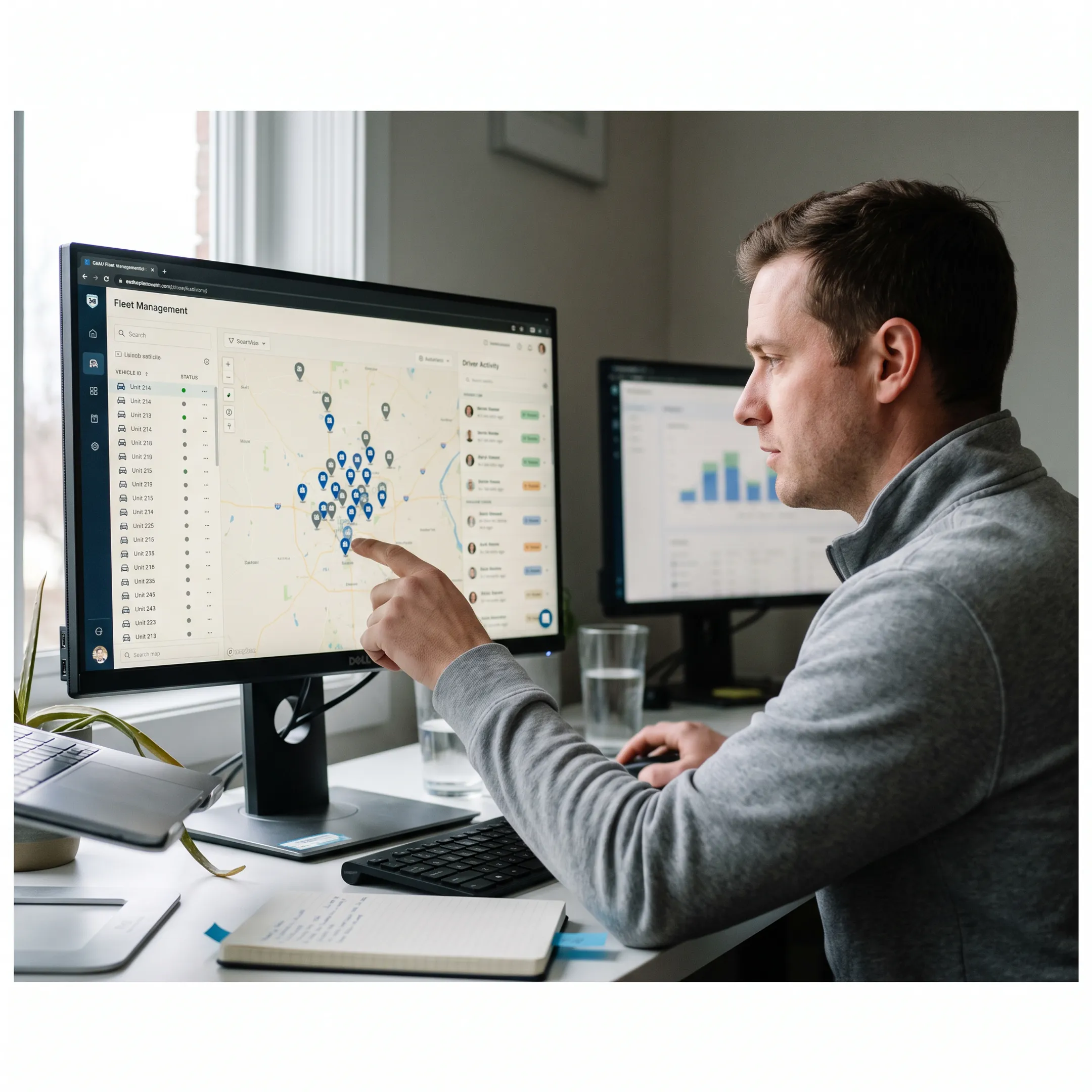 Mobile workforce management dashboard showing vehicles and field teams