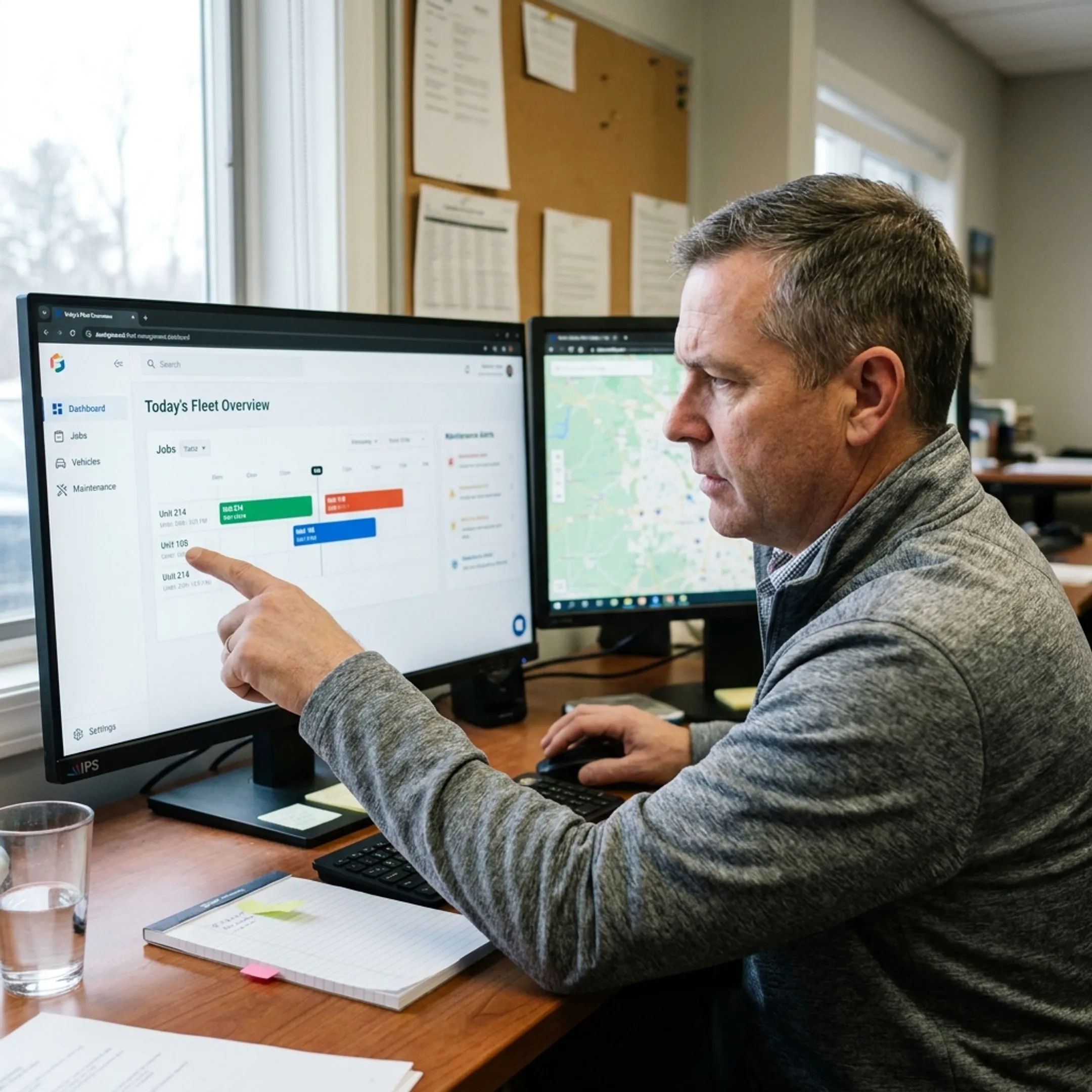 Service manager reviewing dispatch and maintenance information