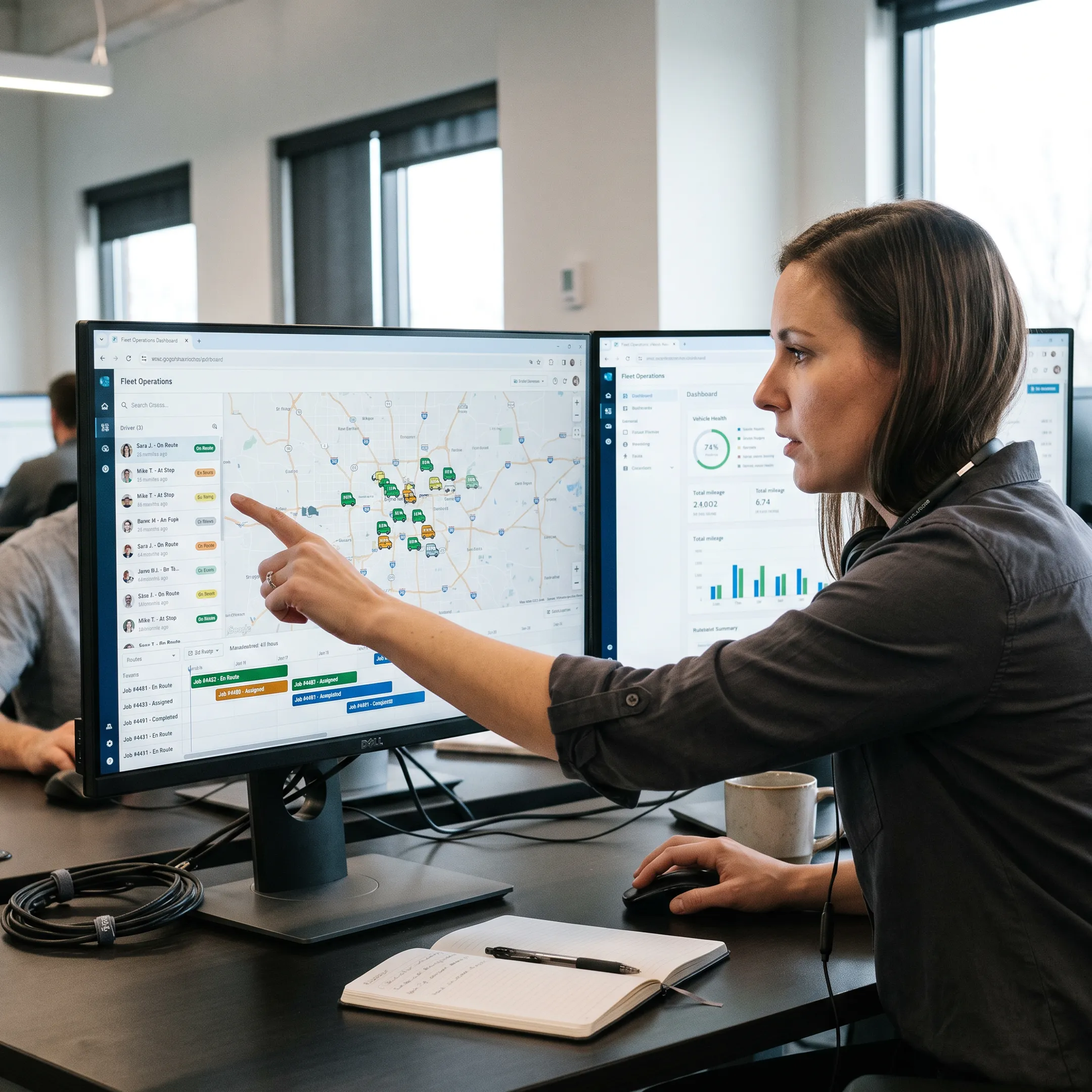 Dispatcher coordinating service vehicles on a fleet scheduling dashboard