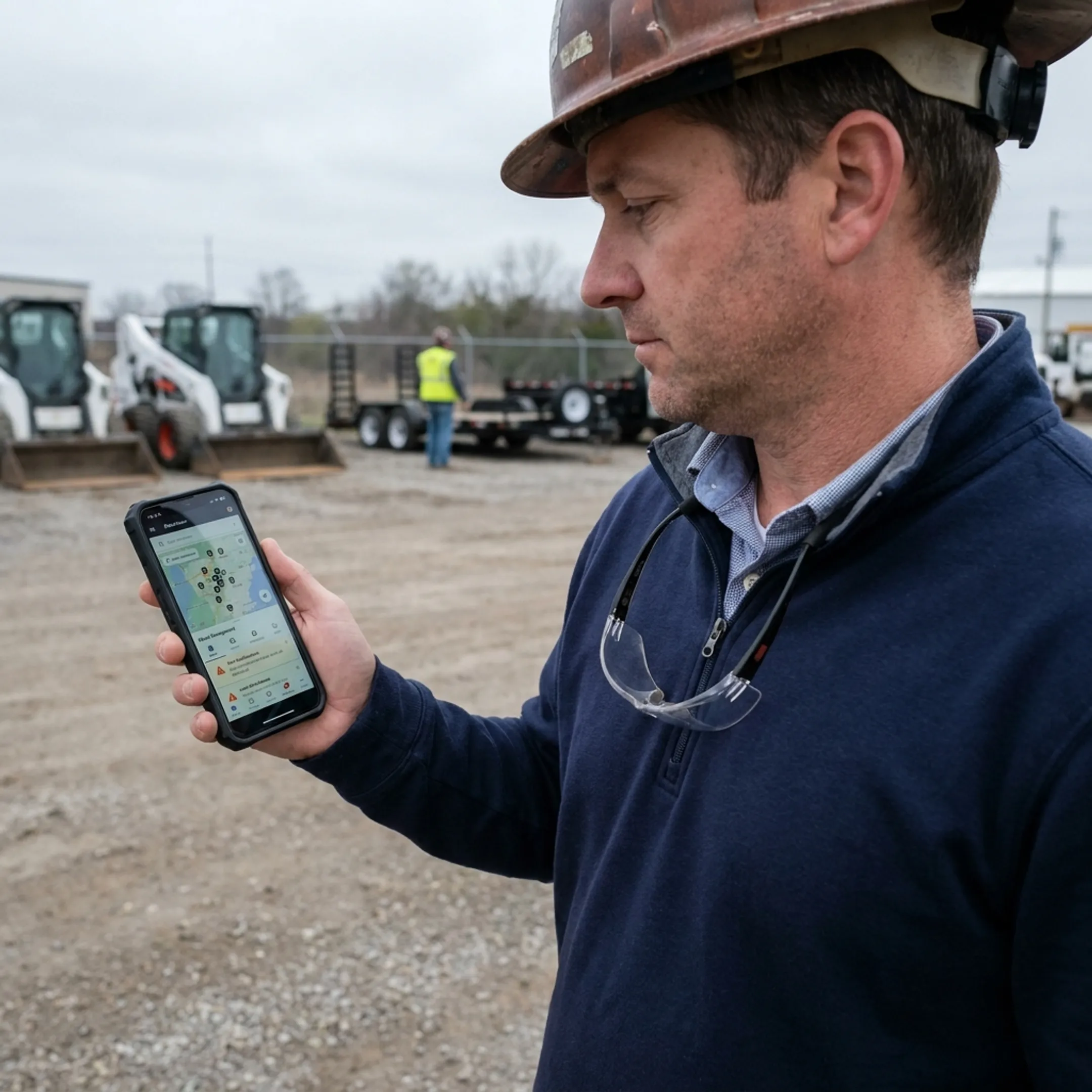 Worker reviewing equipment locations on a mobile device