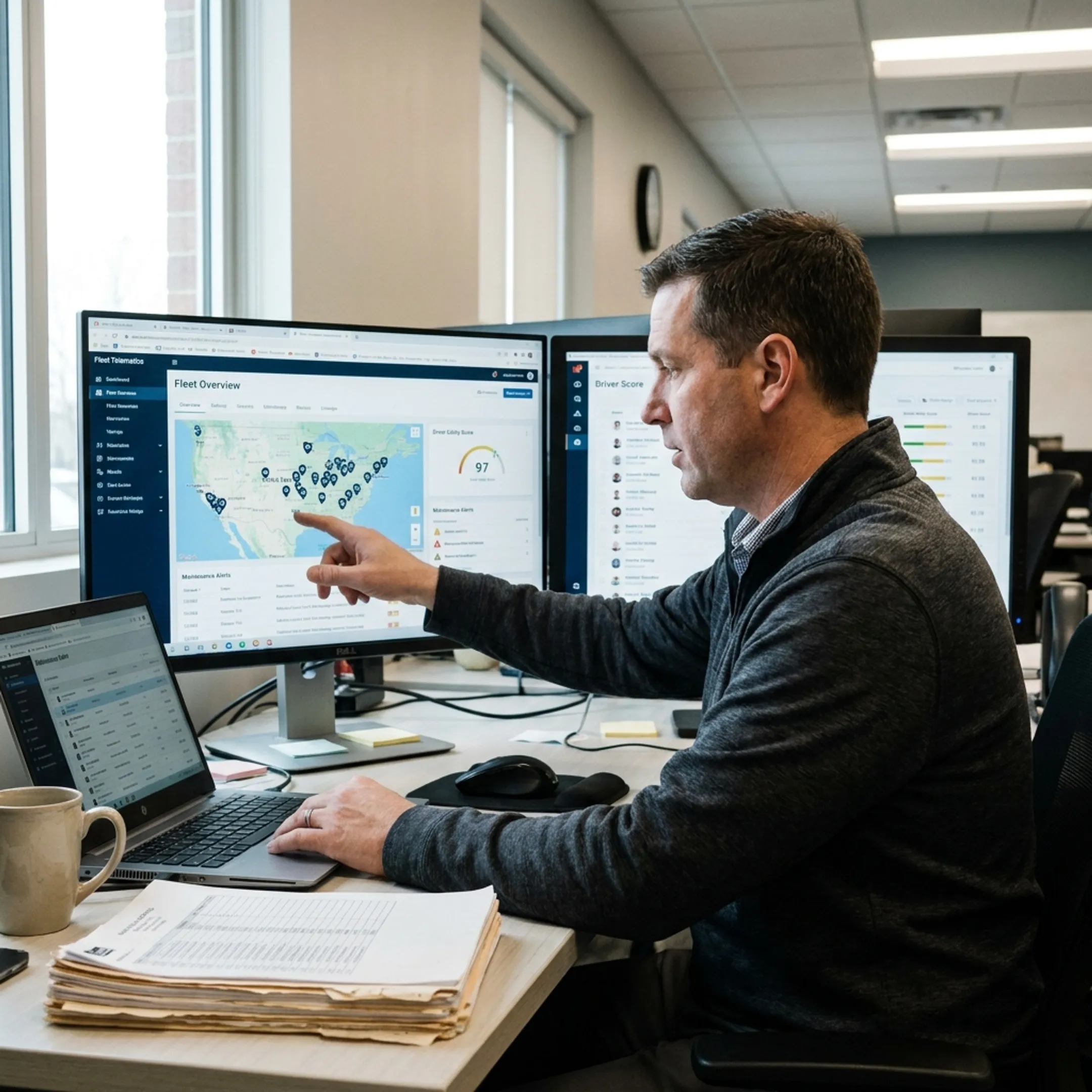 Fleet manager reviewing commercial vehicles and driver safety data