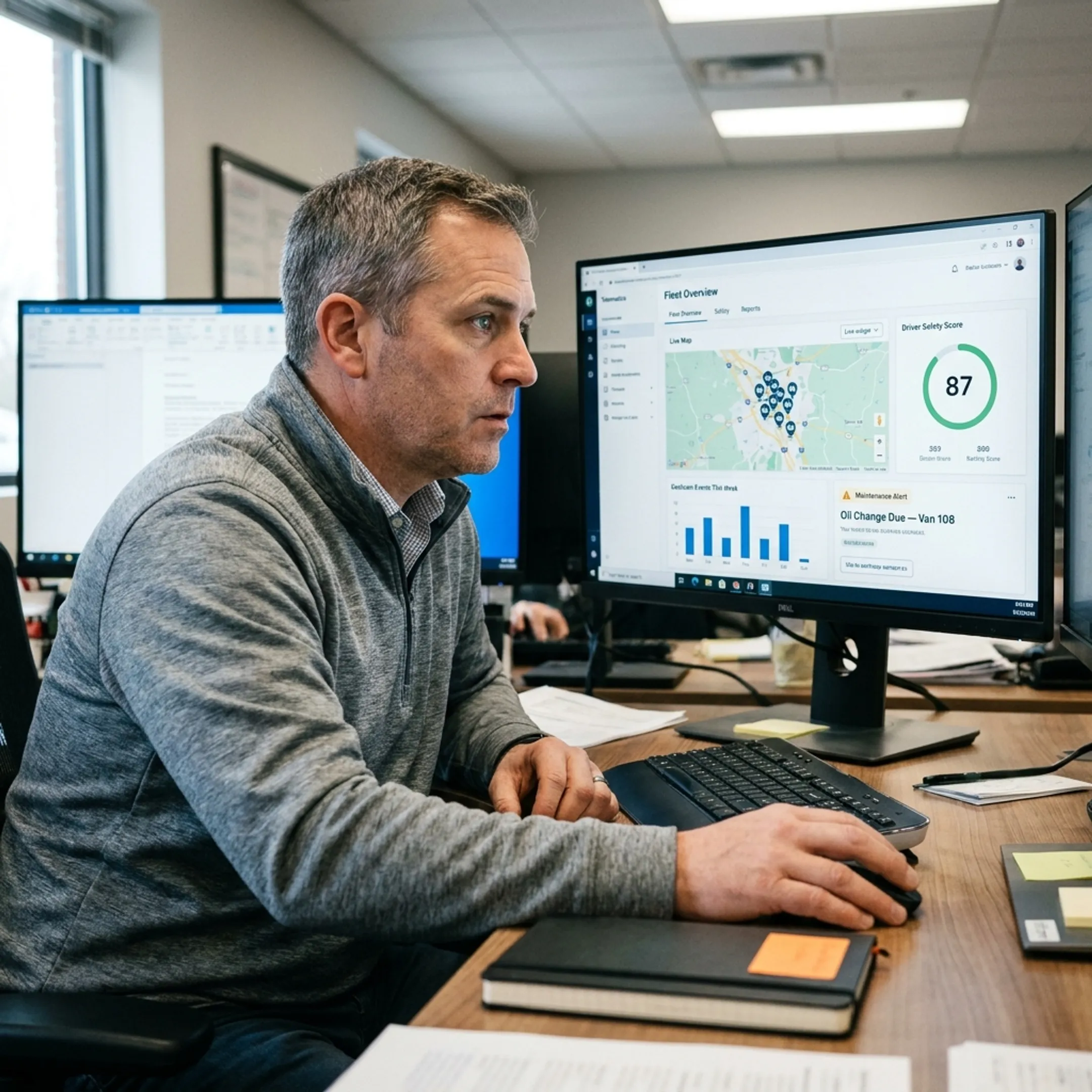 Dashboard showing fleet safety and vehicle tracking insights