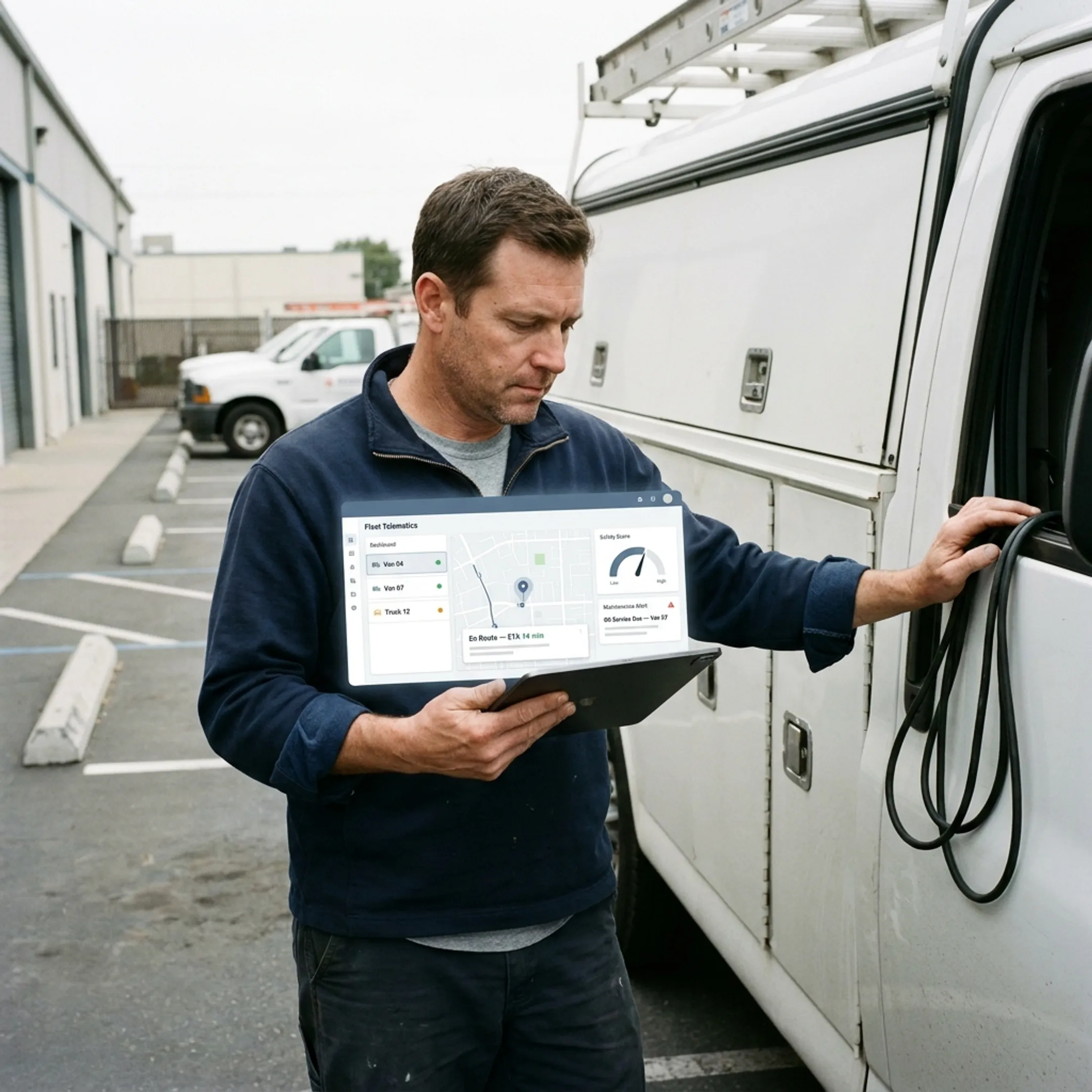 Electrical contractor reviewing fleet software on a tablet beside a service vehicle