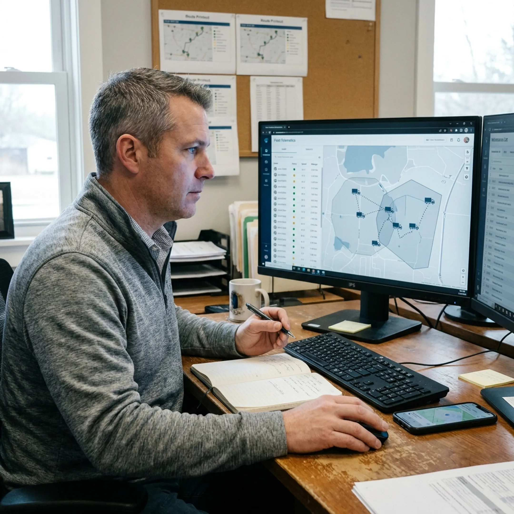 Business fleet manager viewing trailer locations on a GPS tracking dashboard