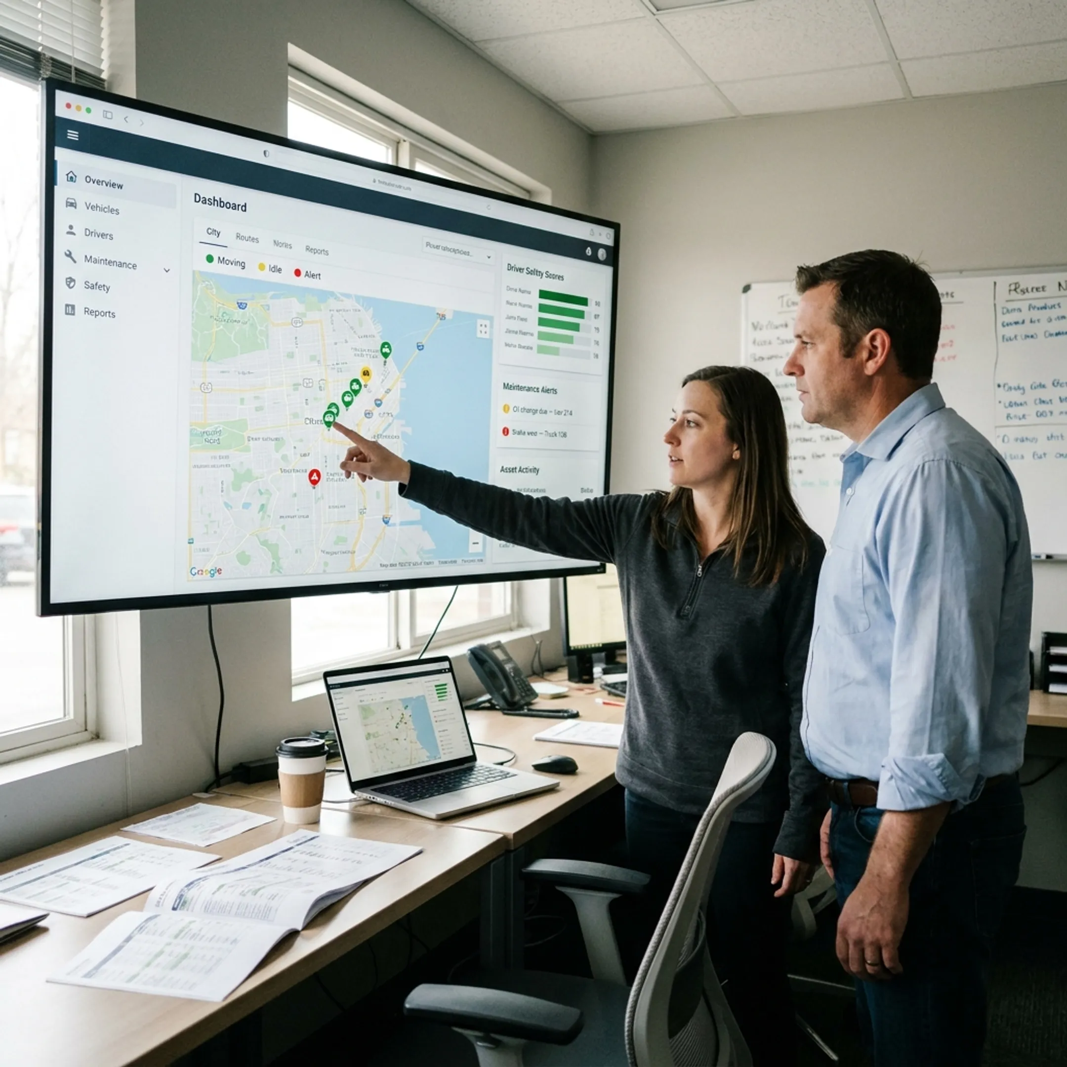 Operations team monitoring delivery fleet performance on connected dashboards