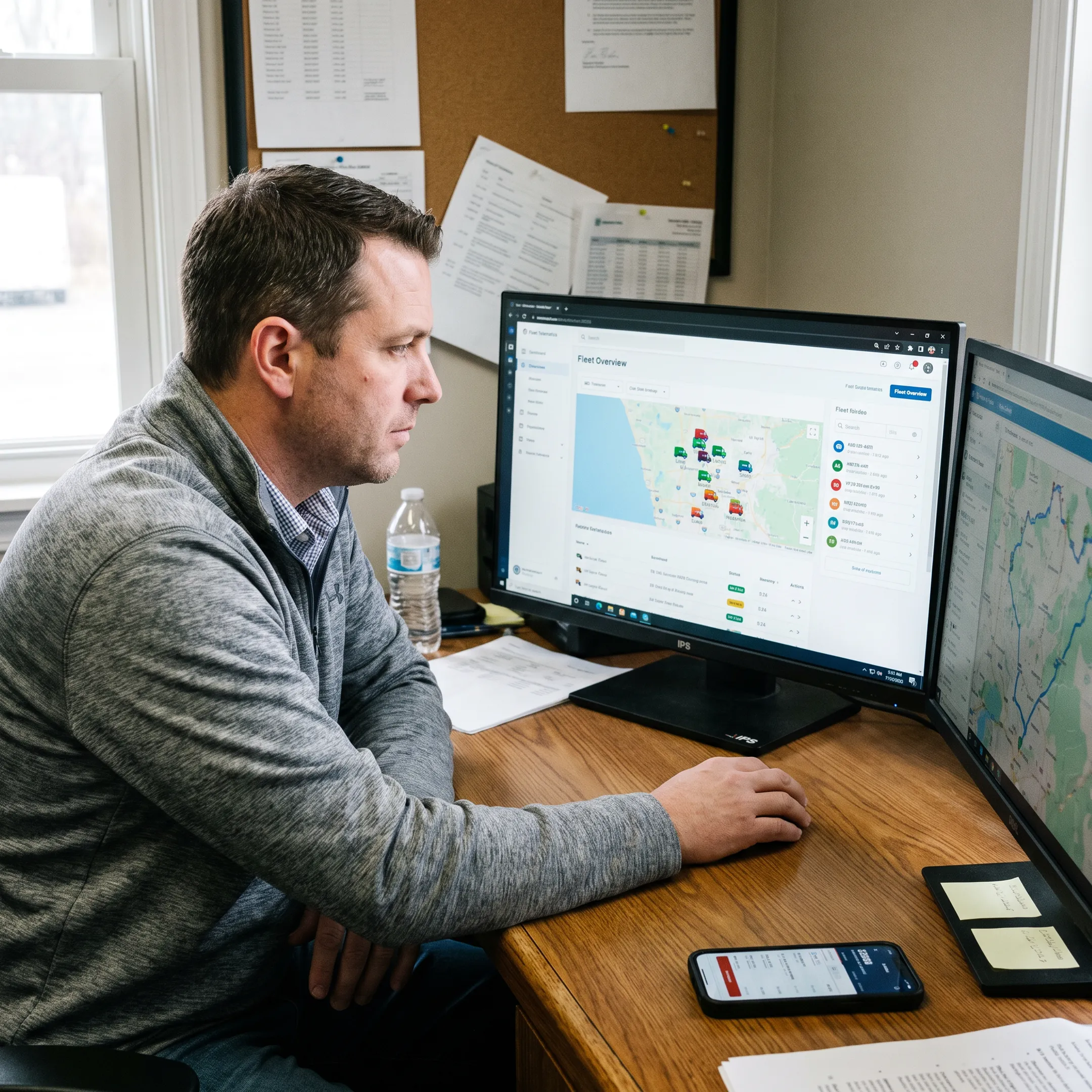 Fleet manager reviewing live delivery vehicle locations on a digital map