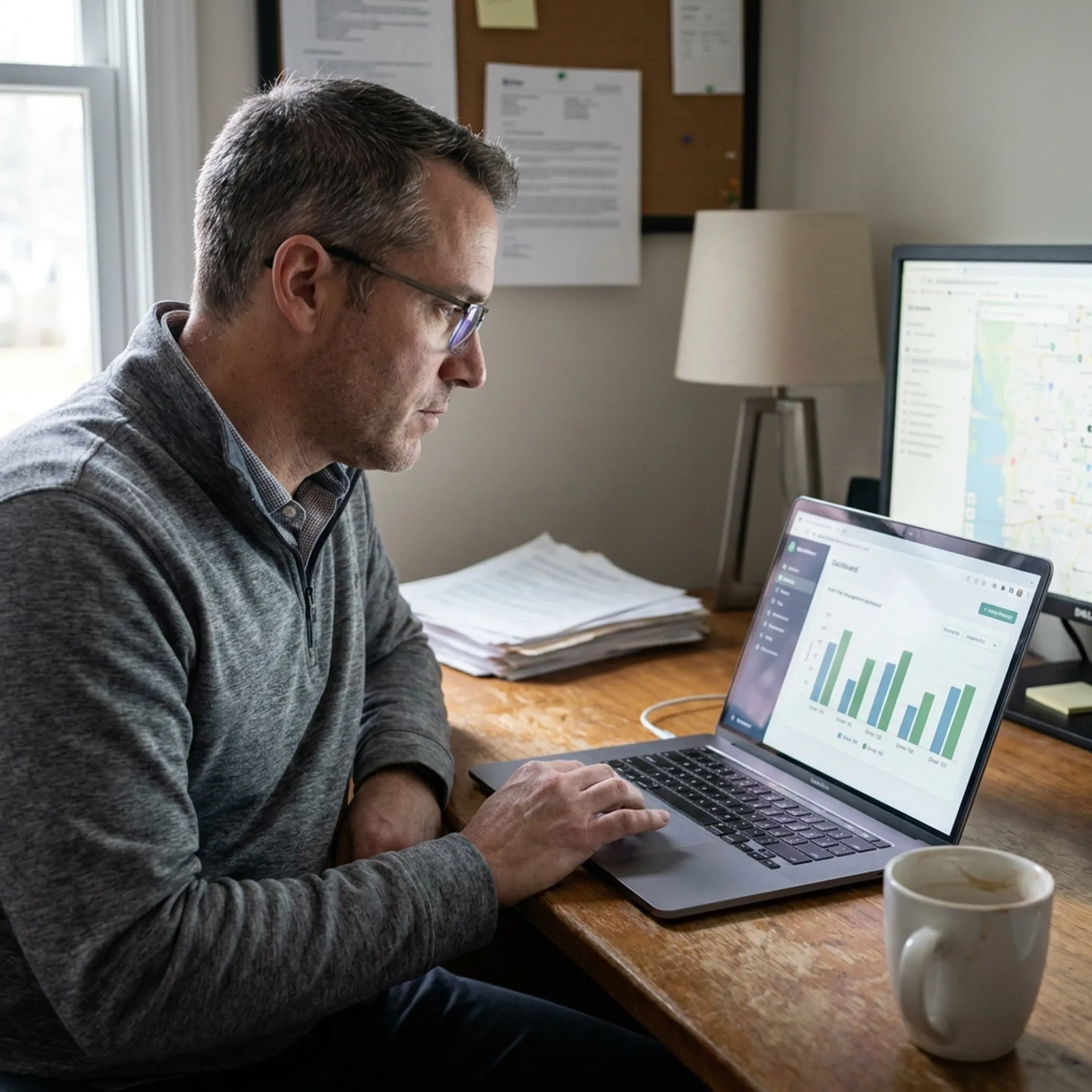 Fleet manager analyzing compliance records and driver activity on a laptop