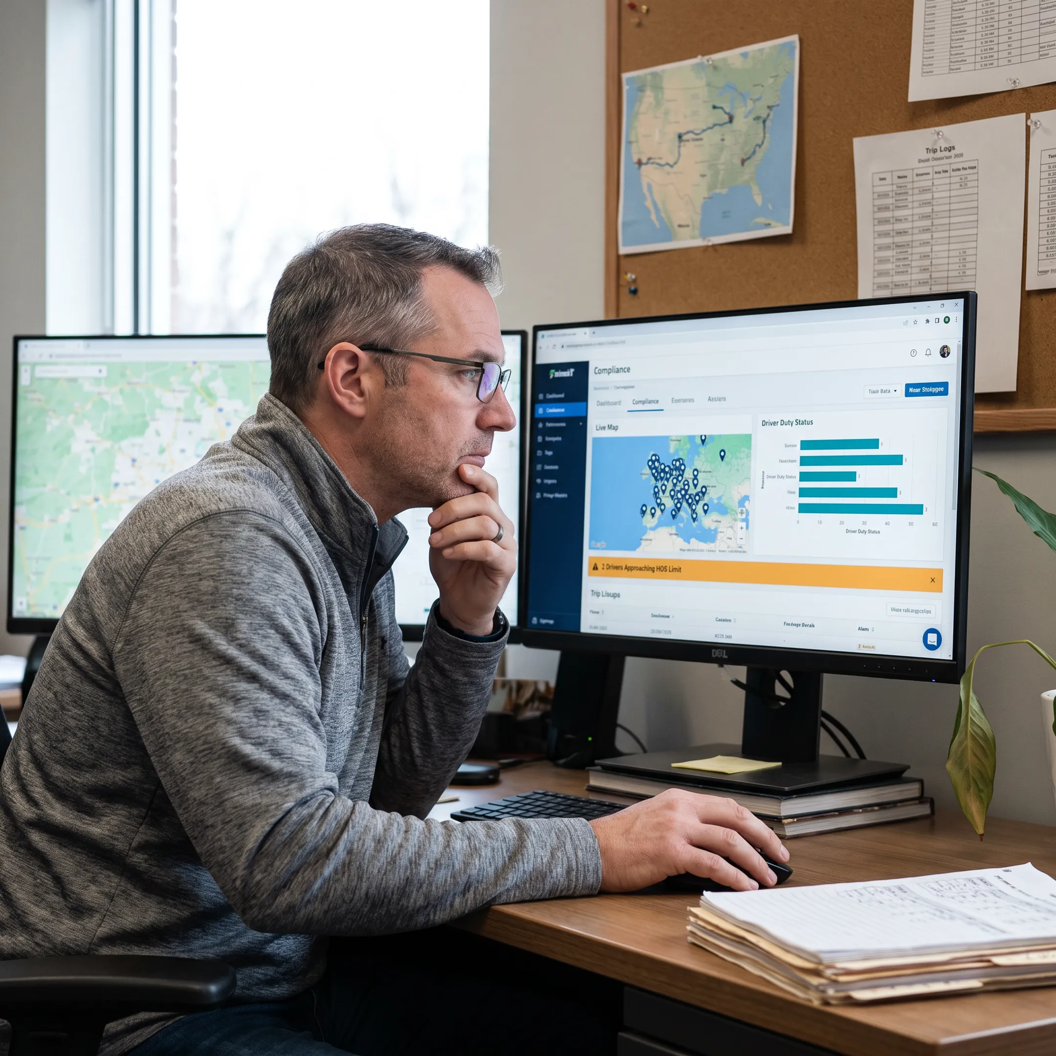 Fleet manager reviewing ELD compliance data and vehicle locations on a digital dashboard