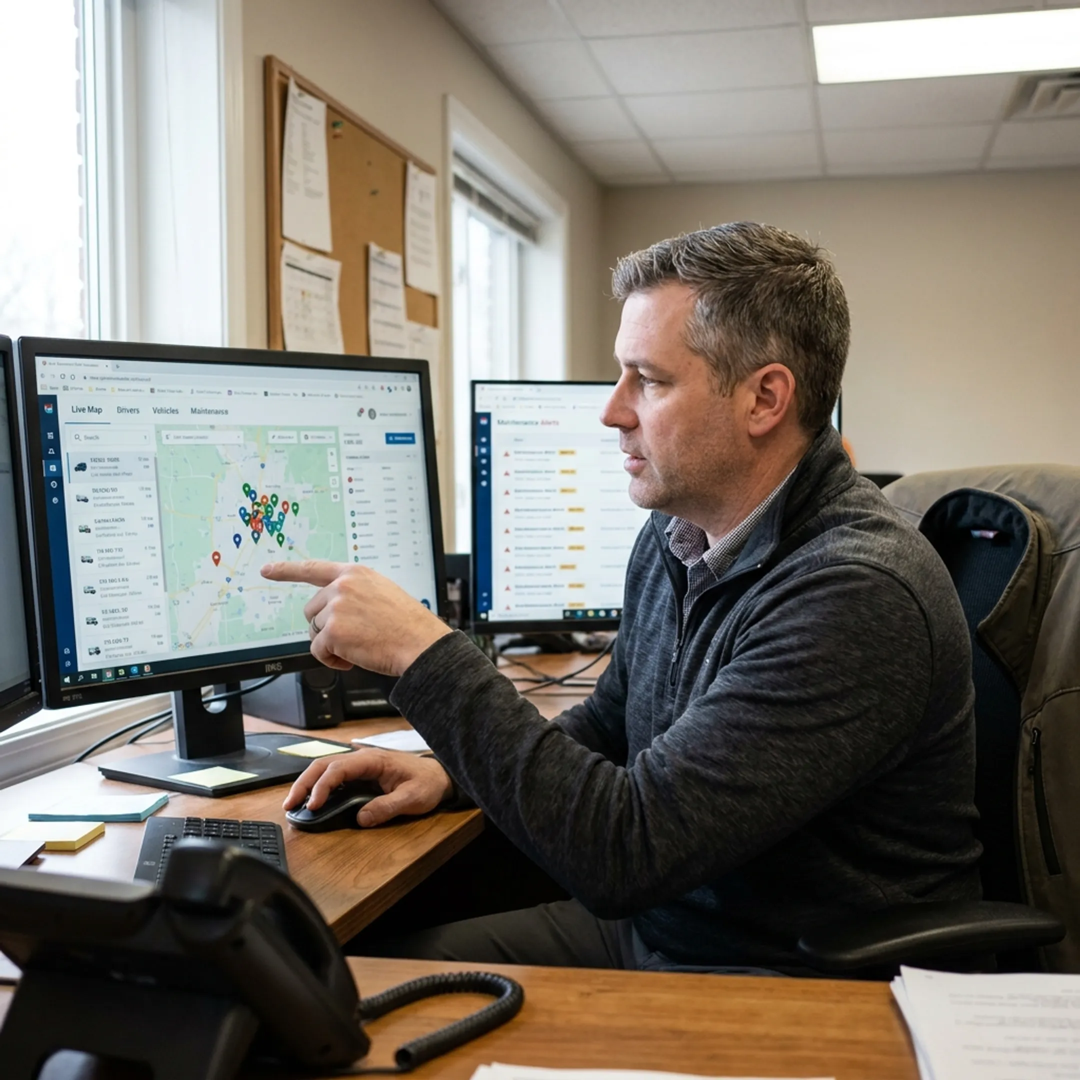 Fleet manager reviewing GPS tracking and safety data