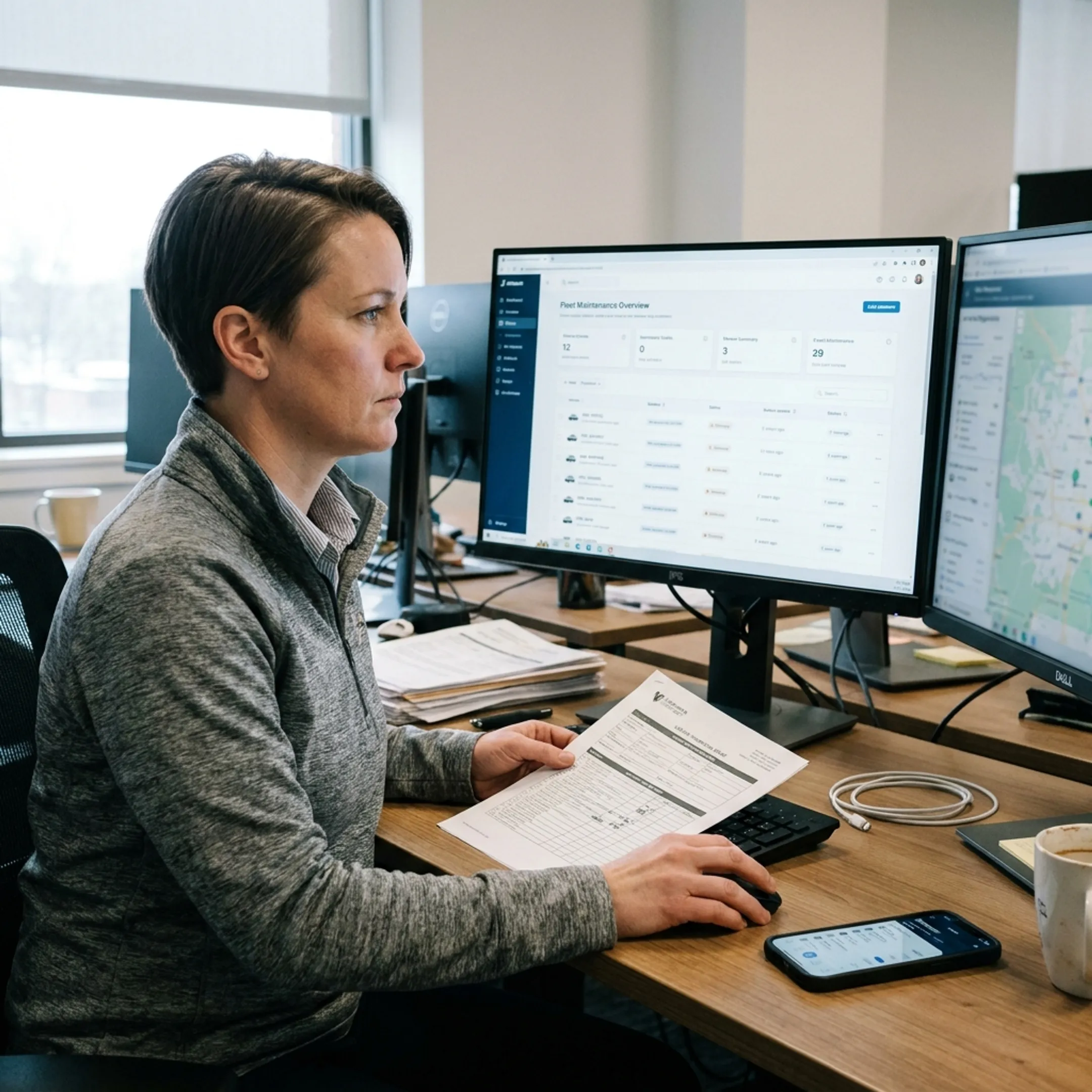 Fleet manager monitoring vehicle maintenance alerts and service records