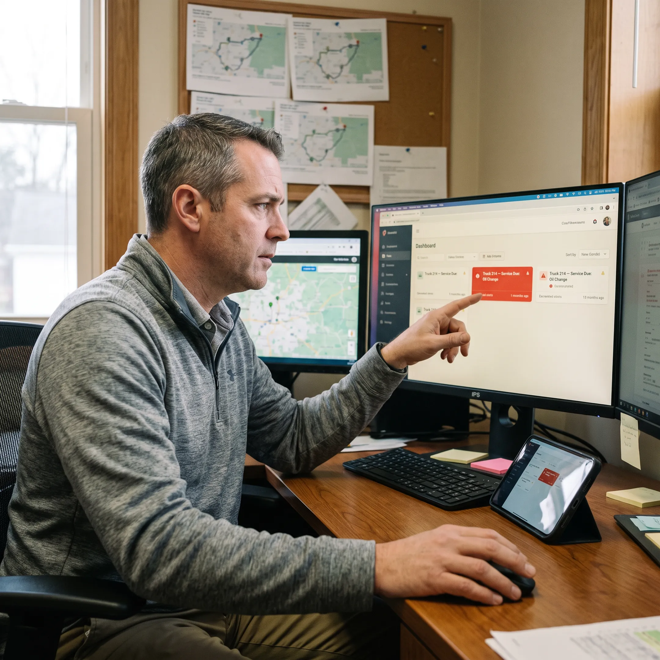 Fleet manager reviewing automotive maintenance data on a digital dashboard