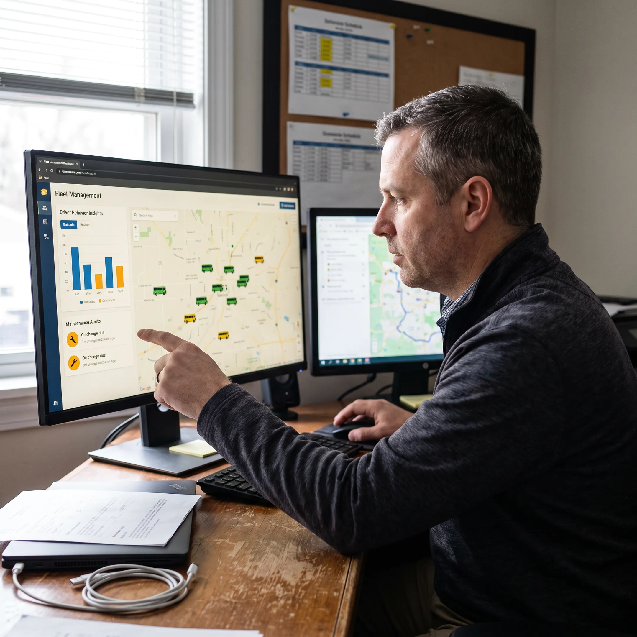 Bus fleet manager reviewing live vehicle locations and driver safety data