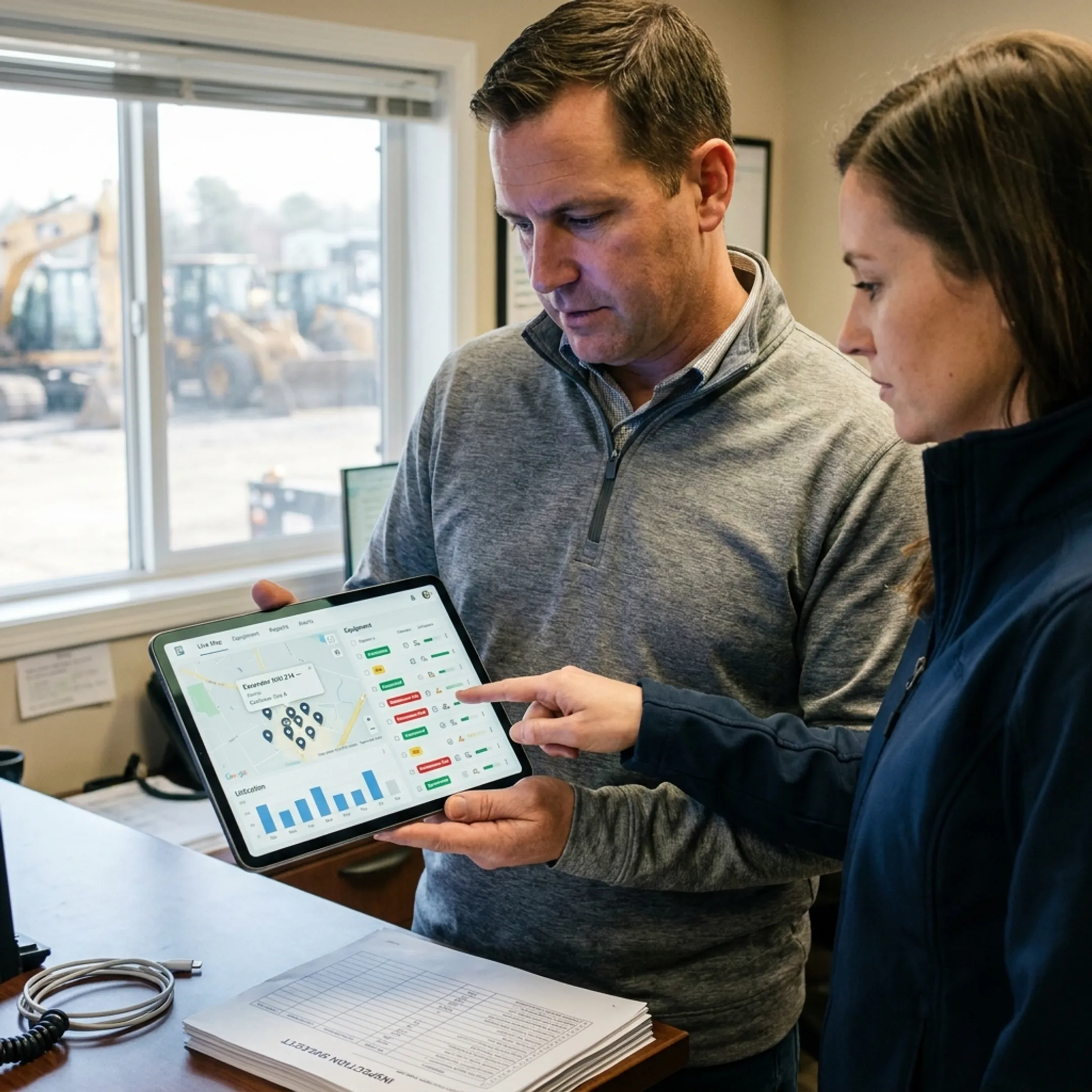 Heavy equipment manager reviewing tracked assets on a tablet