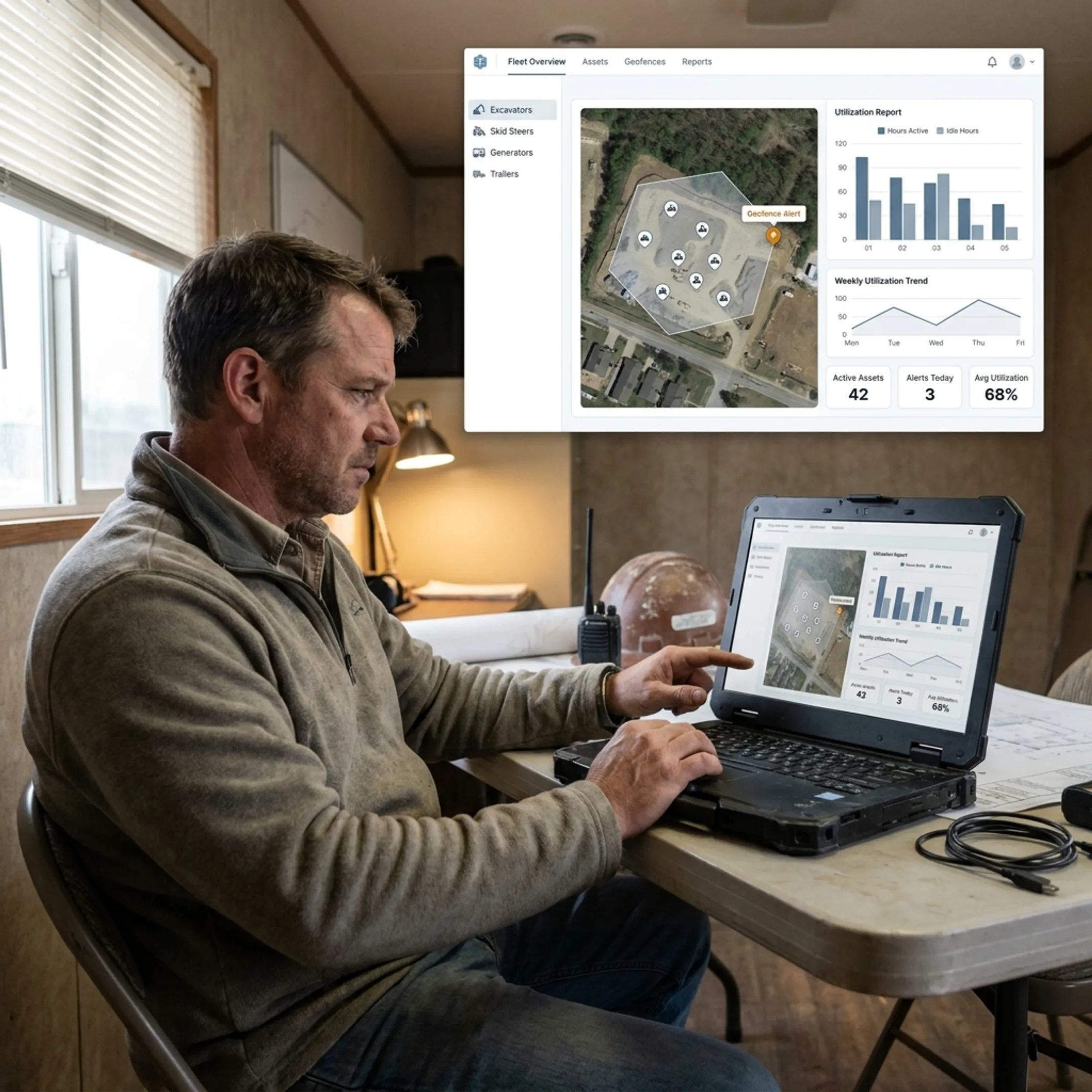 Tracked construction equipment displayed on an asset management dashboard