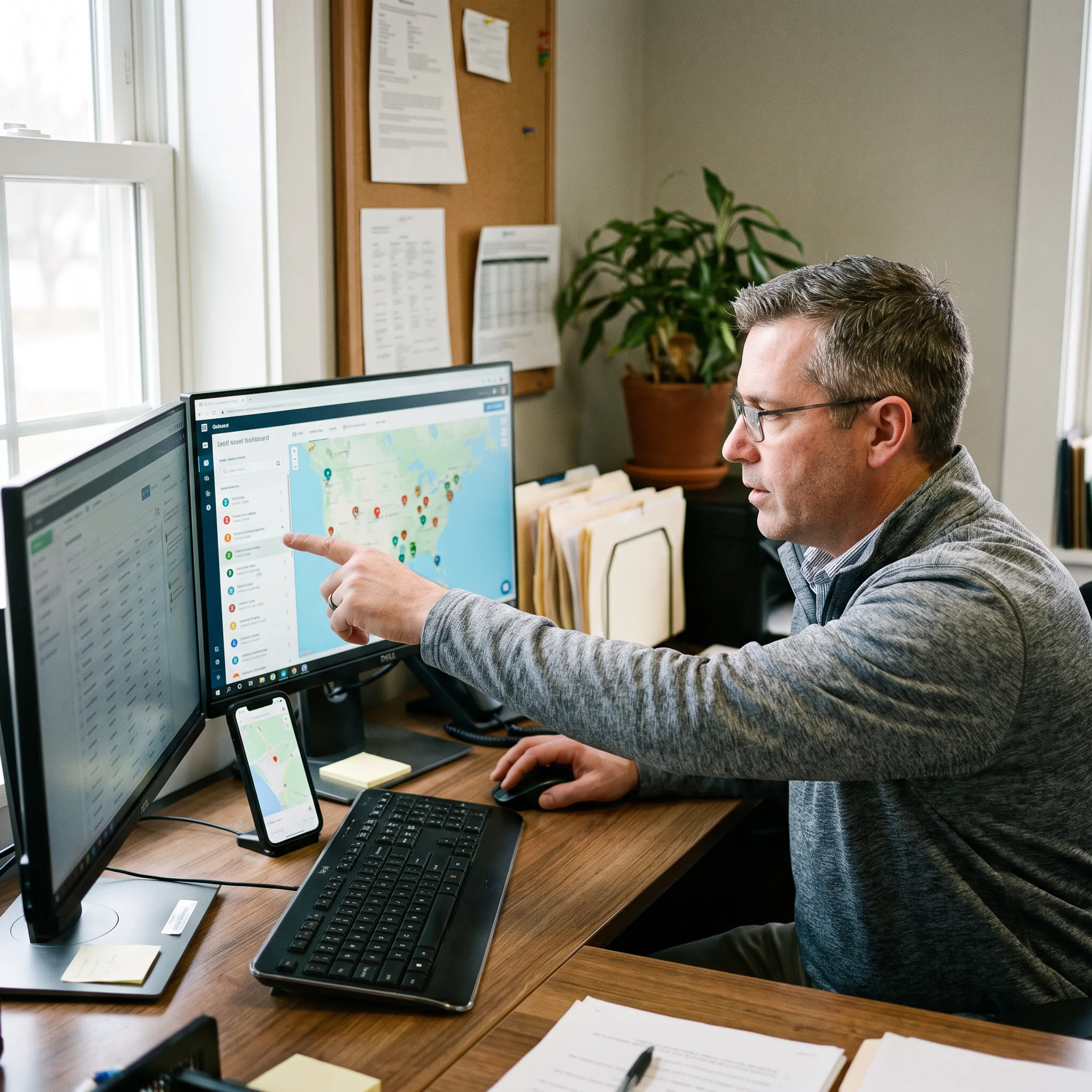 Fleet manager reviewing tracked equipment locations on a digital map