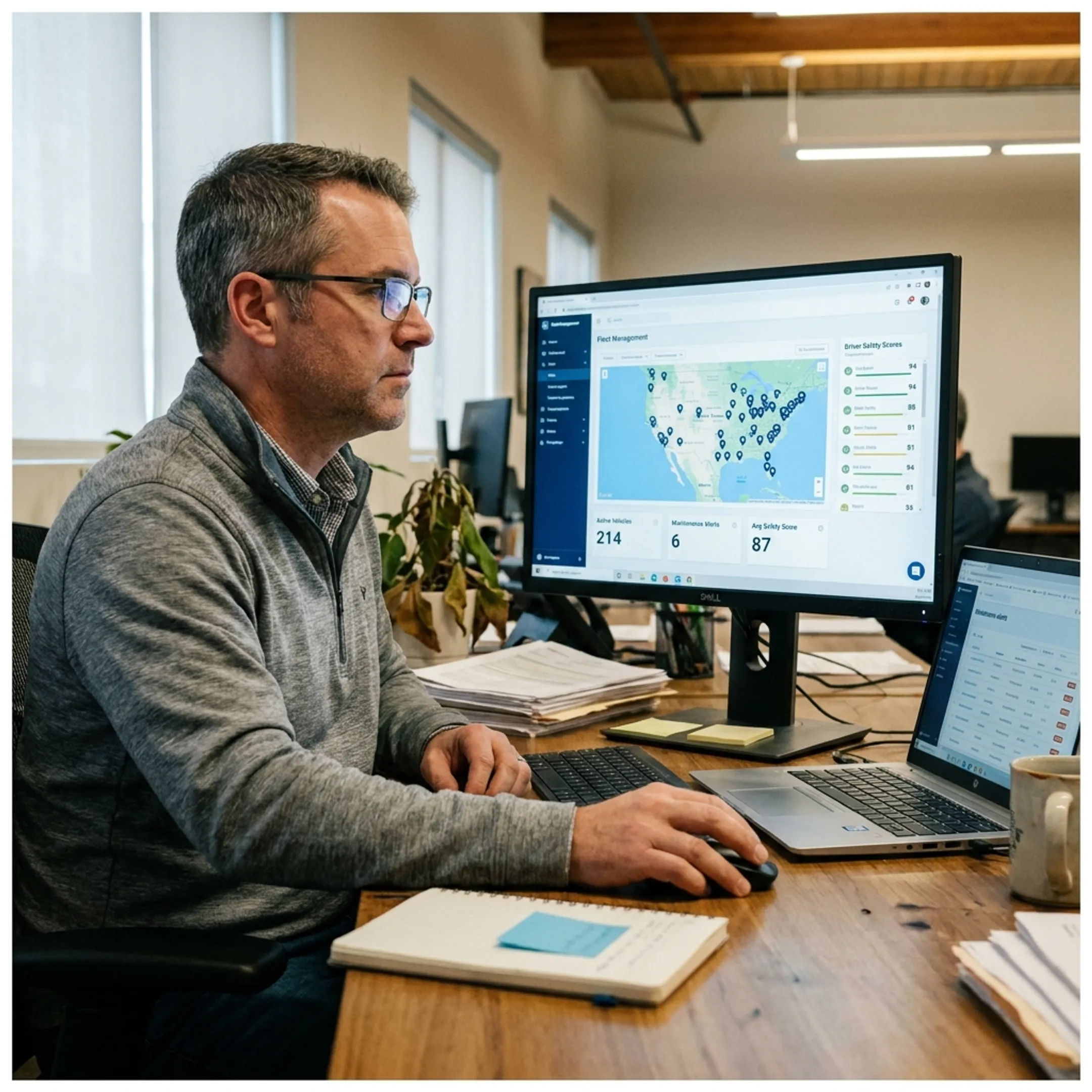 Operations manager analyzing vehicle and driver performance data