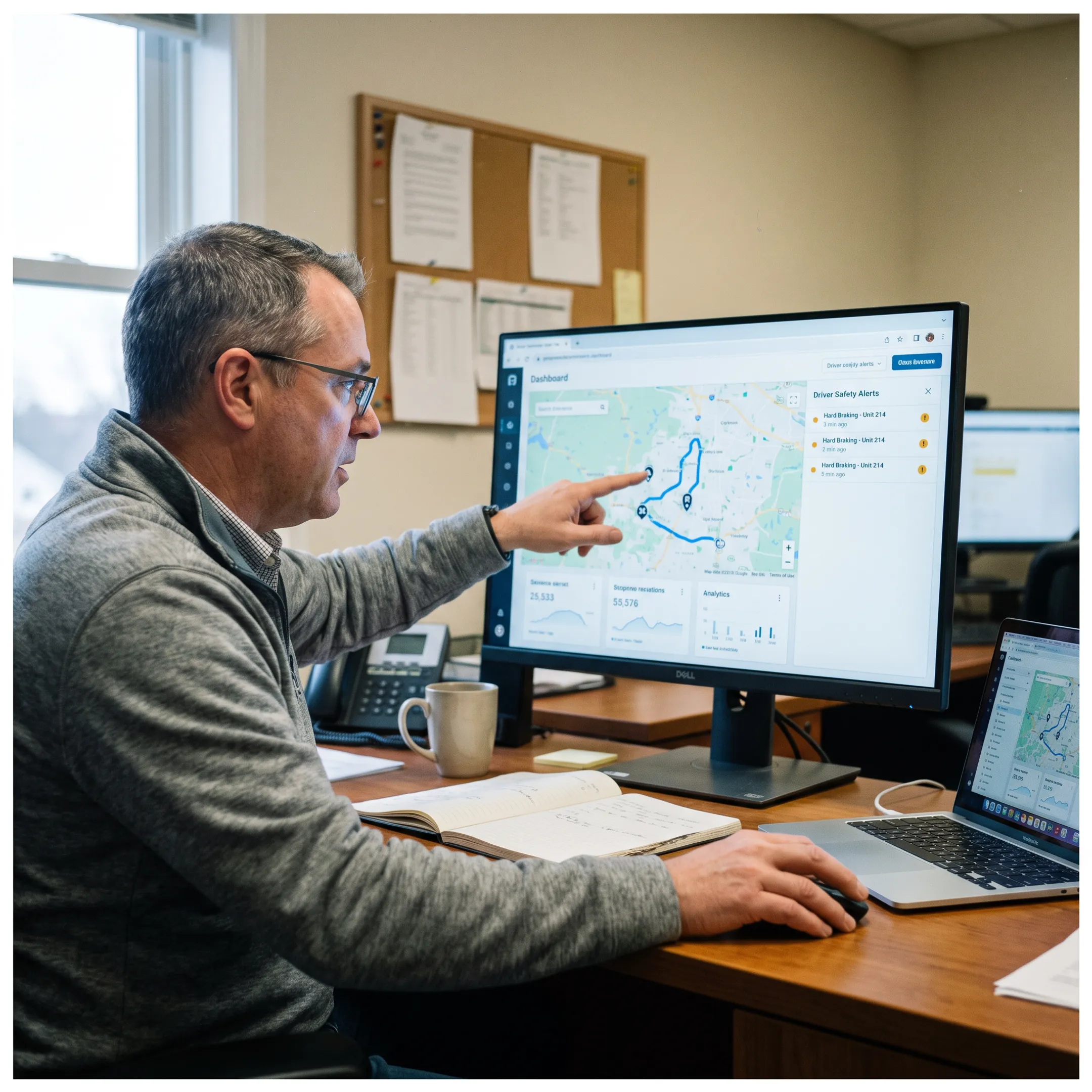Fleet manager reviewing live vehicle locations and driver data on a telematics dashboard