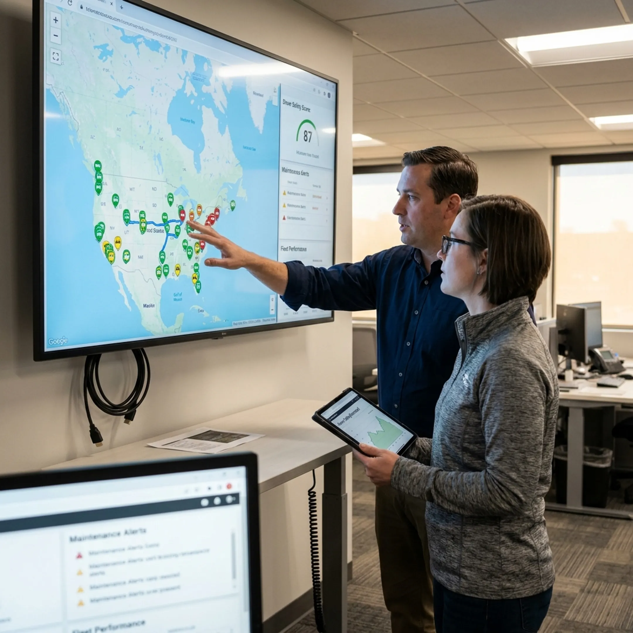 Fleet operations team analyzing GPS tracking and safety information