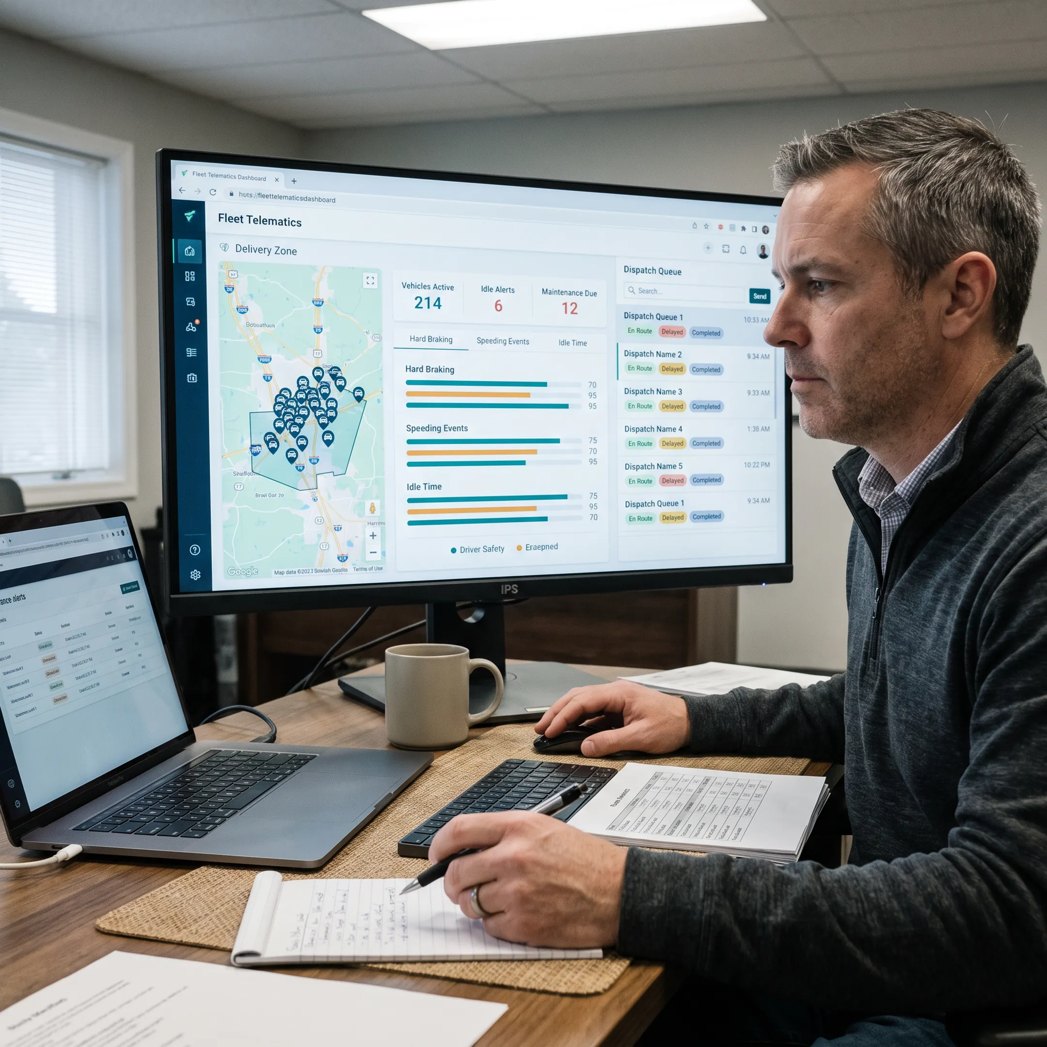 Fleet manager reviewing vehicle locations and driver data on a digital dashboard