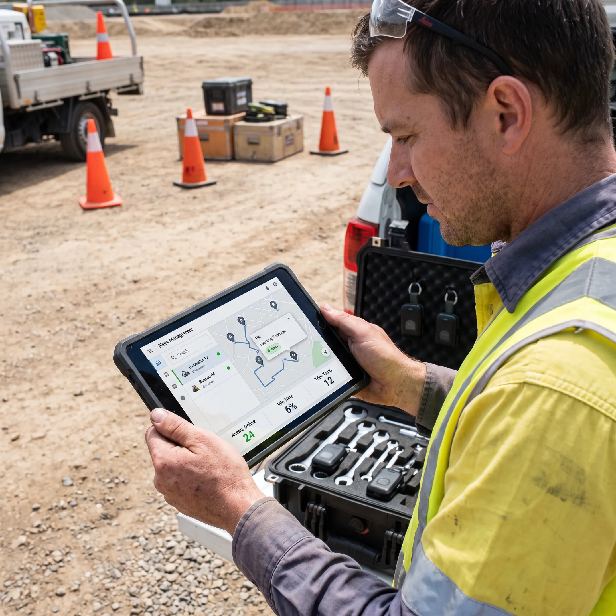 Worker viewing tracked tools on a mobile device at a job site
