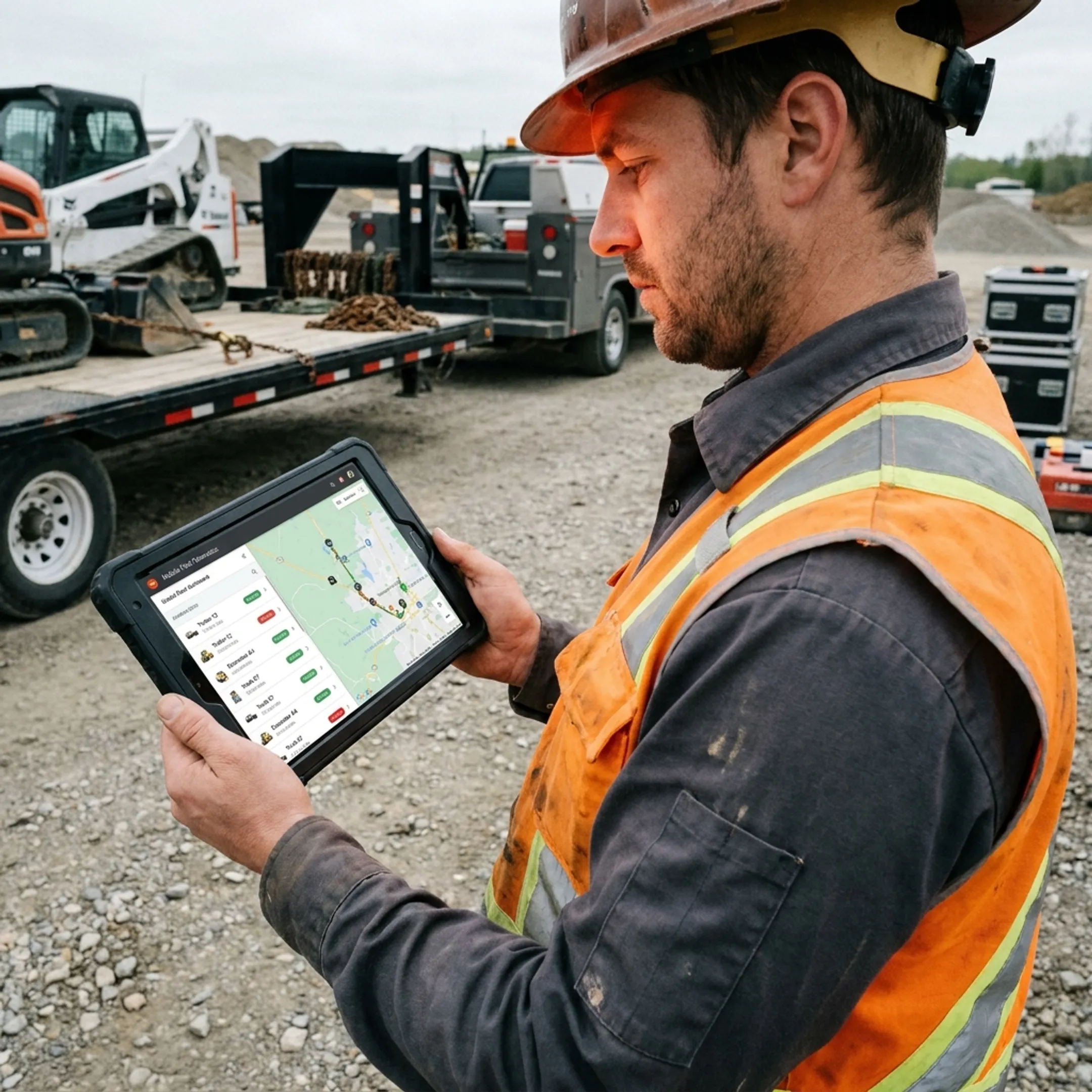 Worker reviewing tracked equipment on a mobile device
