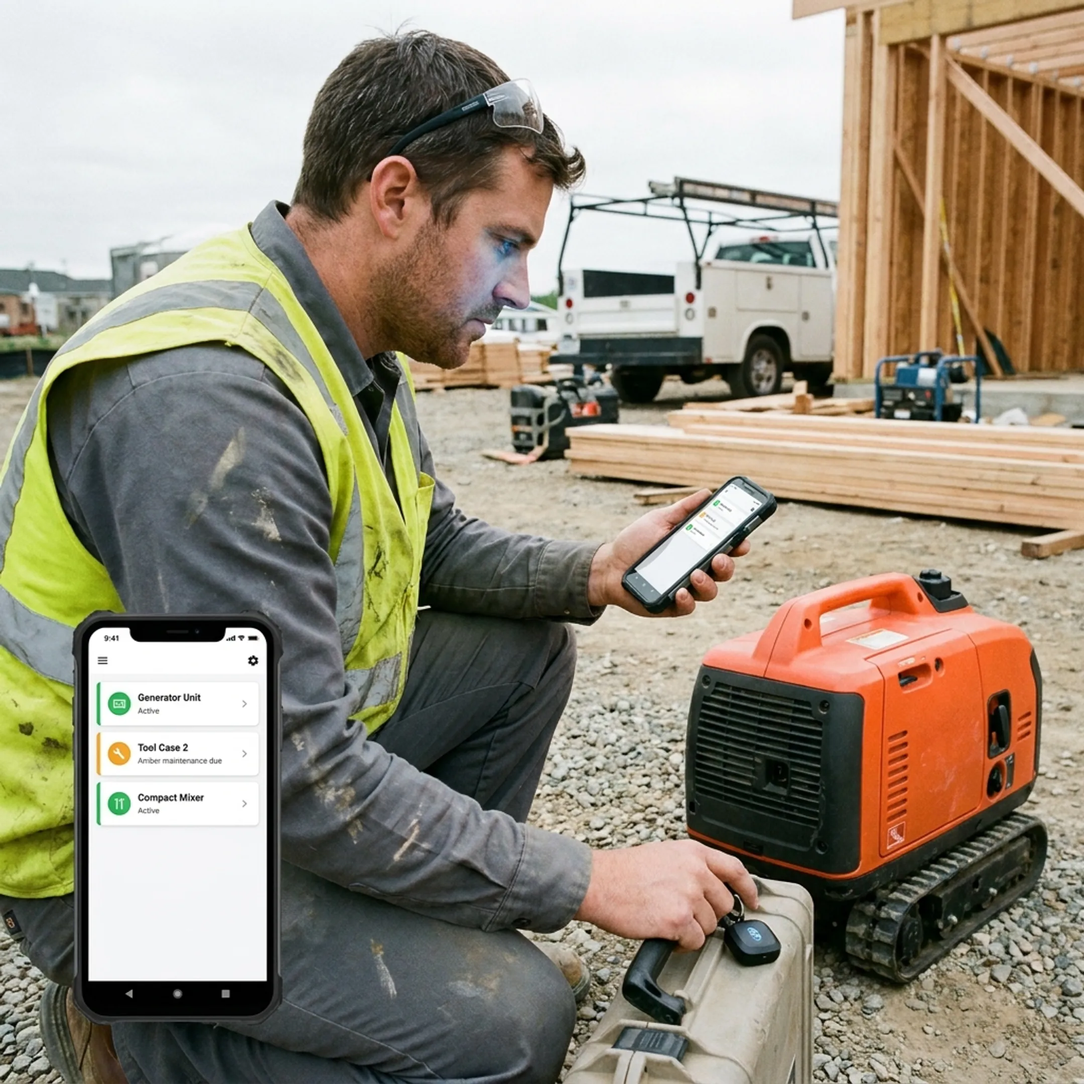 Technician checking tracked equipment during maintenance