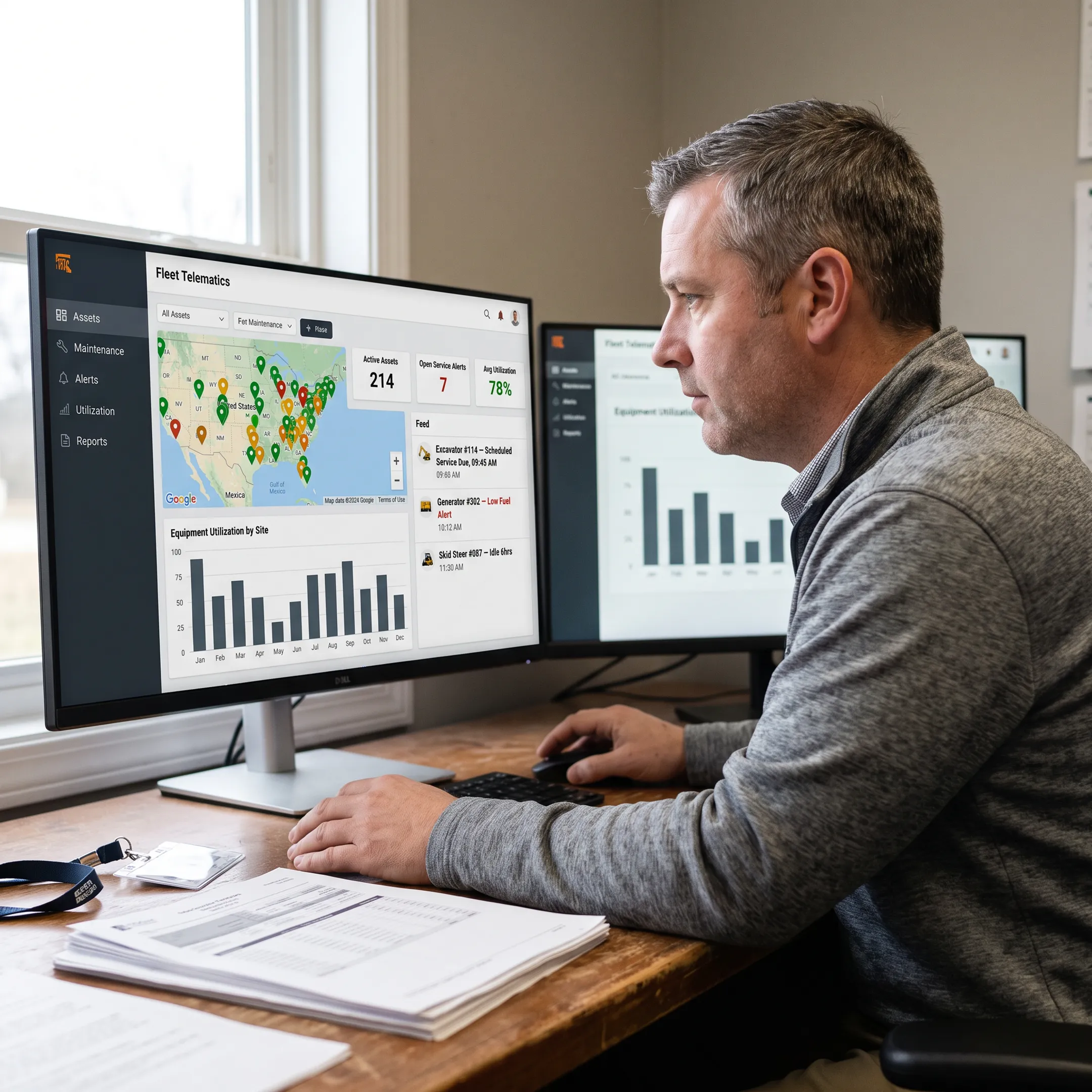 Manager reviewing equipment maintenance software dashboard