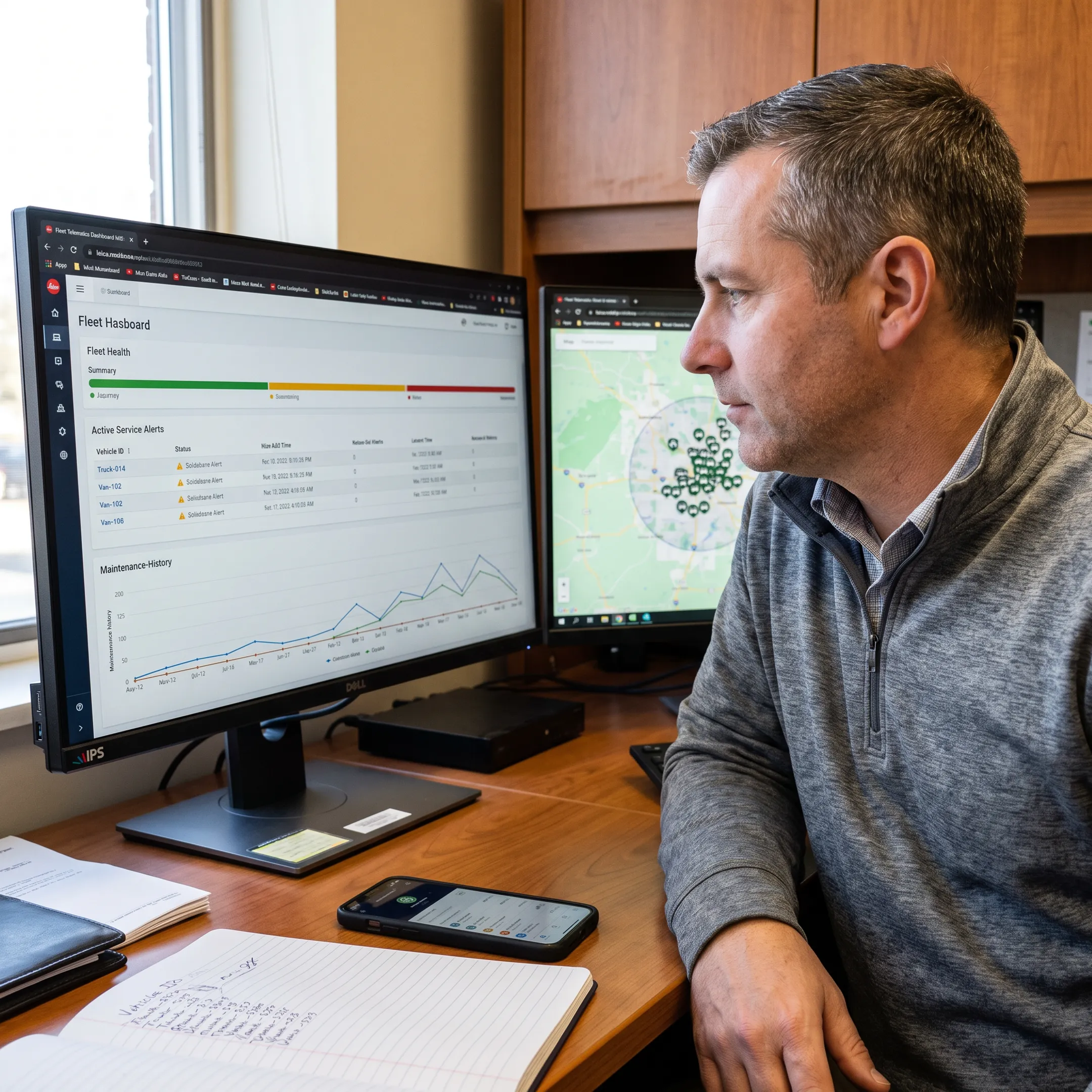 Fleet manager reviewing vehicle maintenance data on a digital dashboard