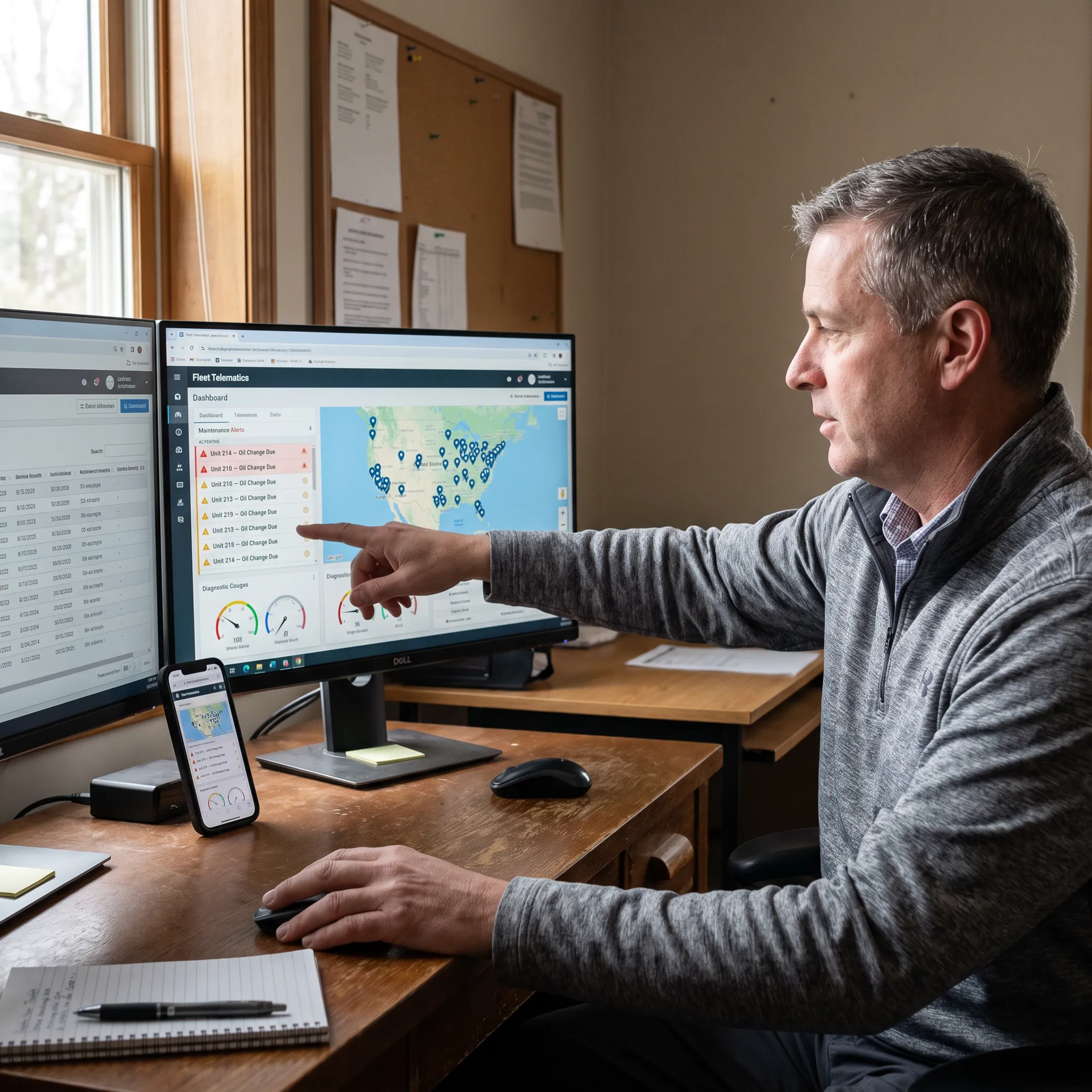 Fleet manager reviewing vehicle maintenance data on a digital dashboard