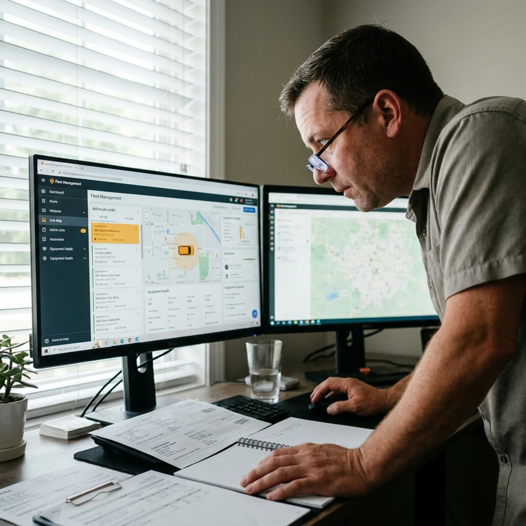 Operations manager reviewing service vehicle locations and equipment
