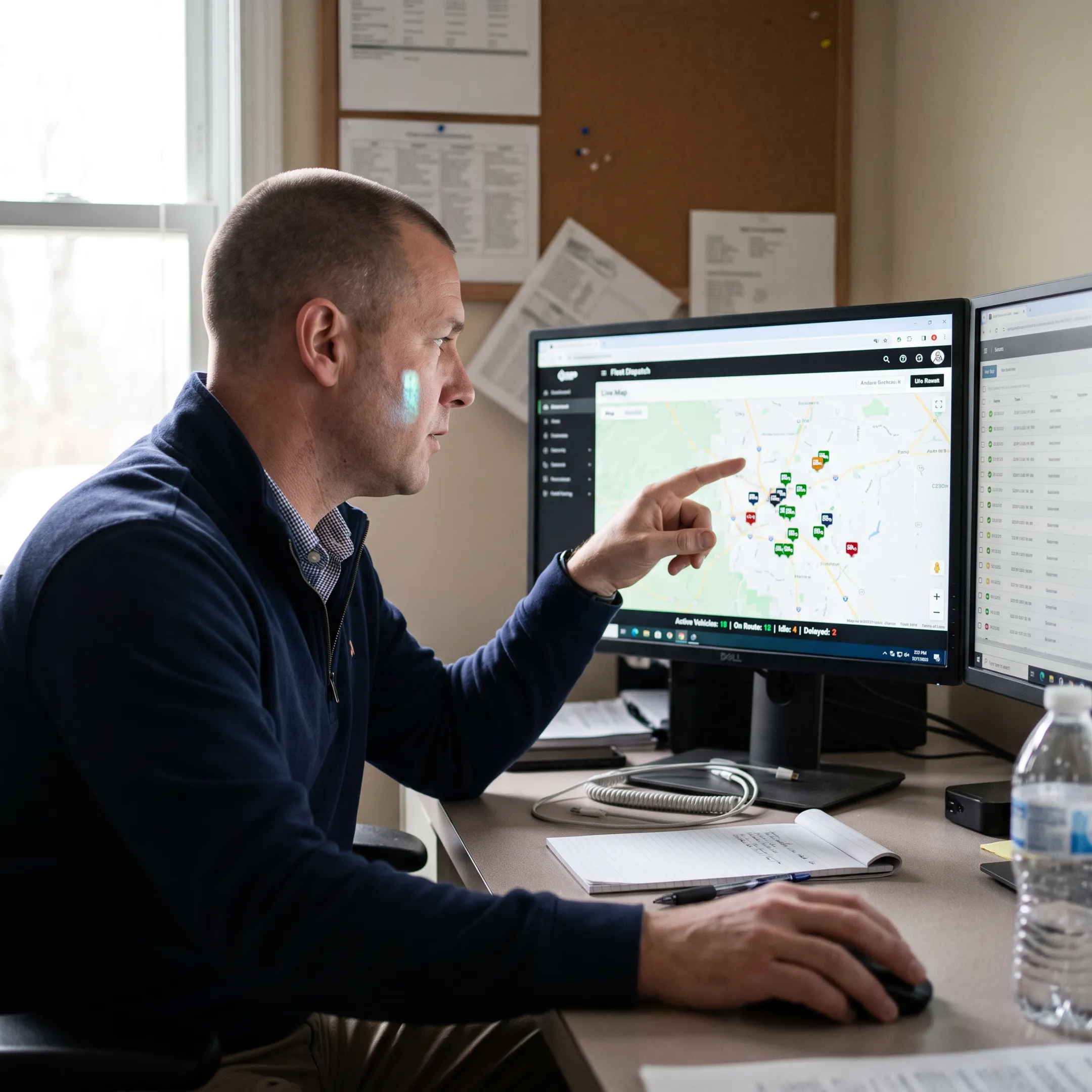 Fleet manager scheduling mobile crews on a live fleet tracking dashboard
