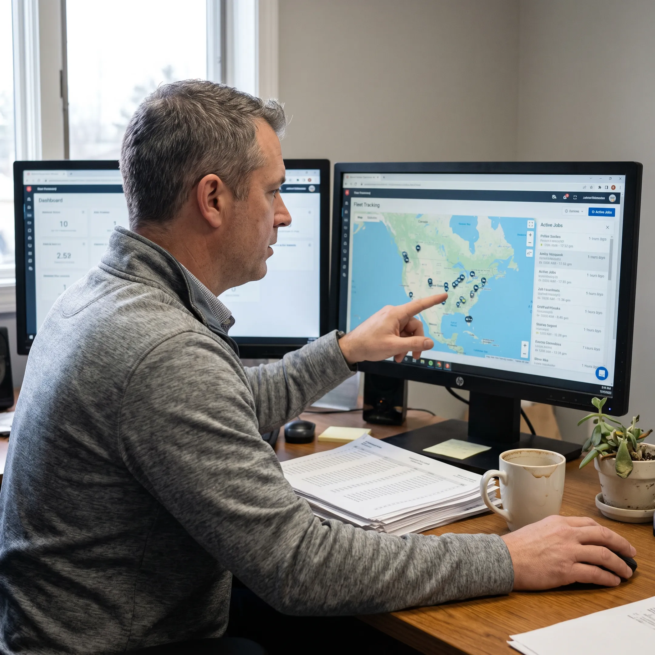 Fleet manager reviewing vehicle locations on a tracking dashboard