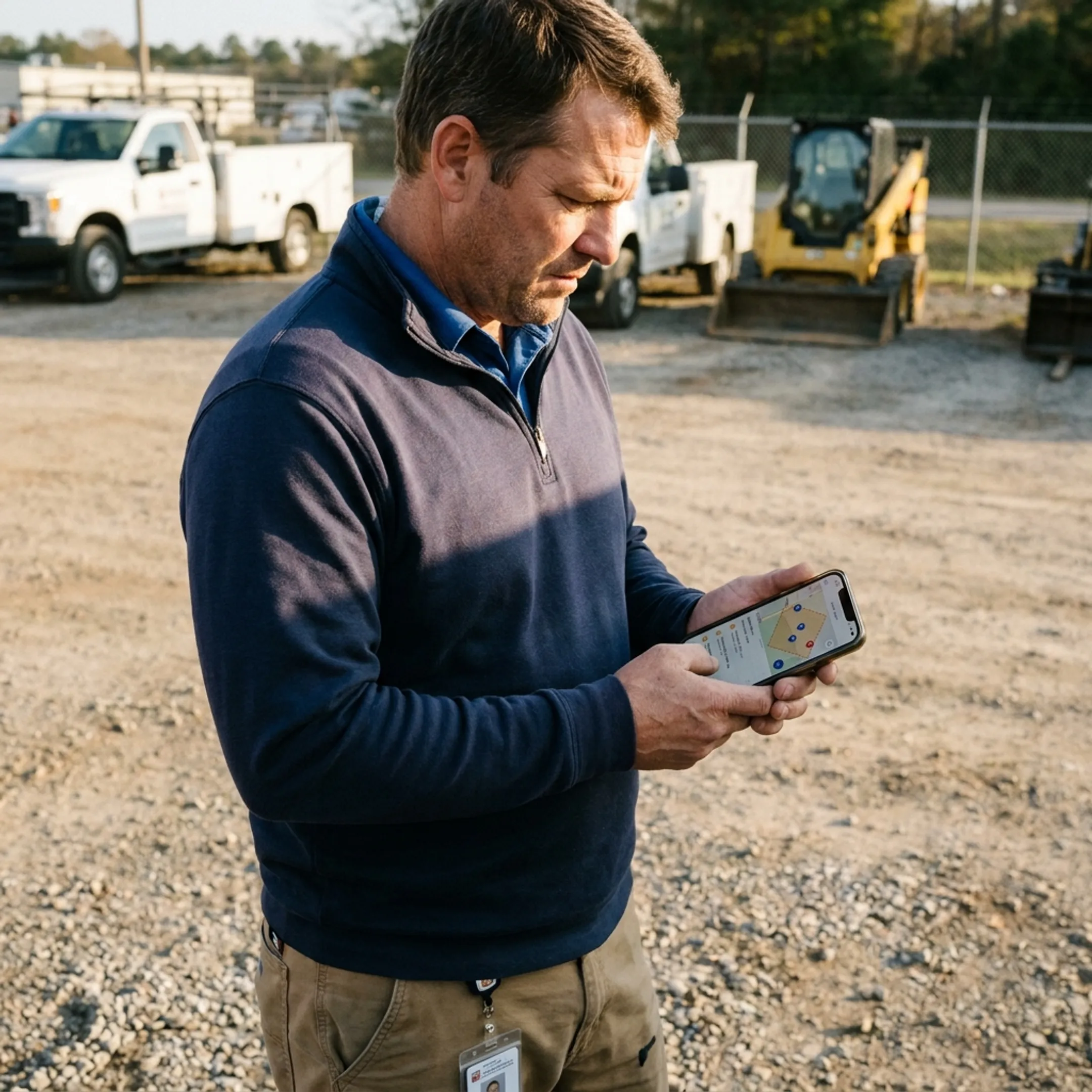 Manager reviewing tracked equipment locations on a mobile device
