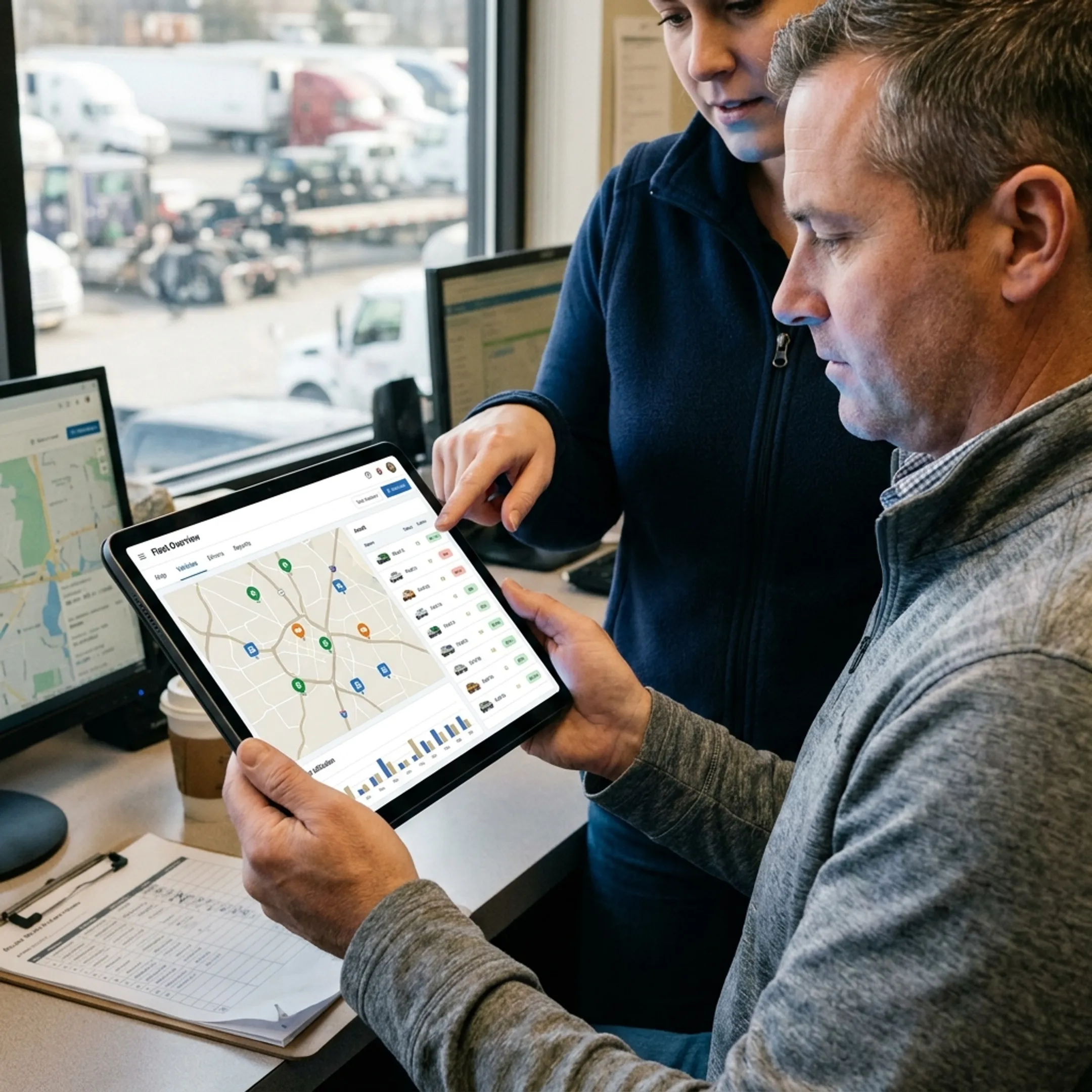 Manager reviewing tracked equipment locations on a tablet