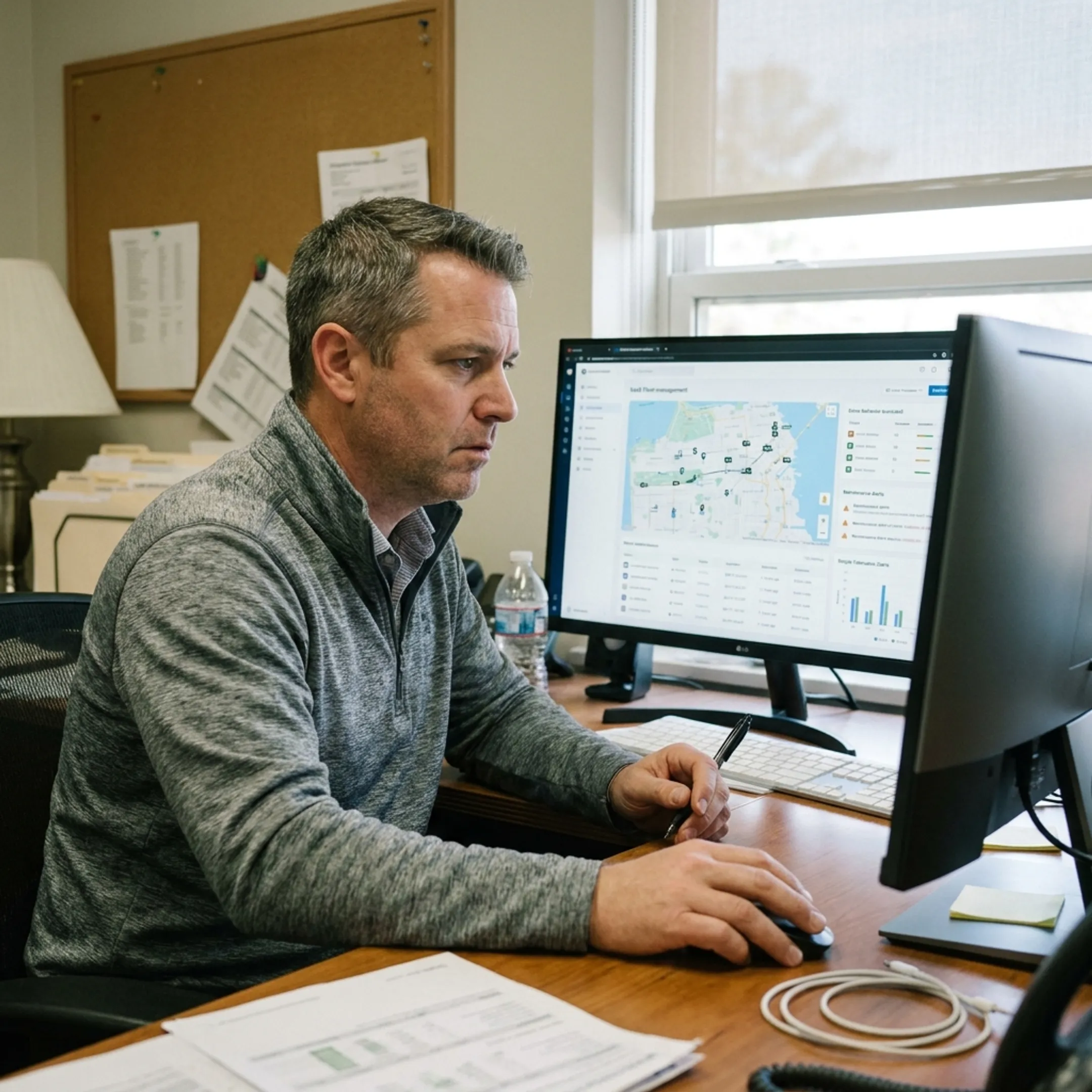 Waste fleet manager reviewing vehicle and asset tracking software