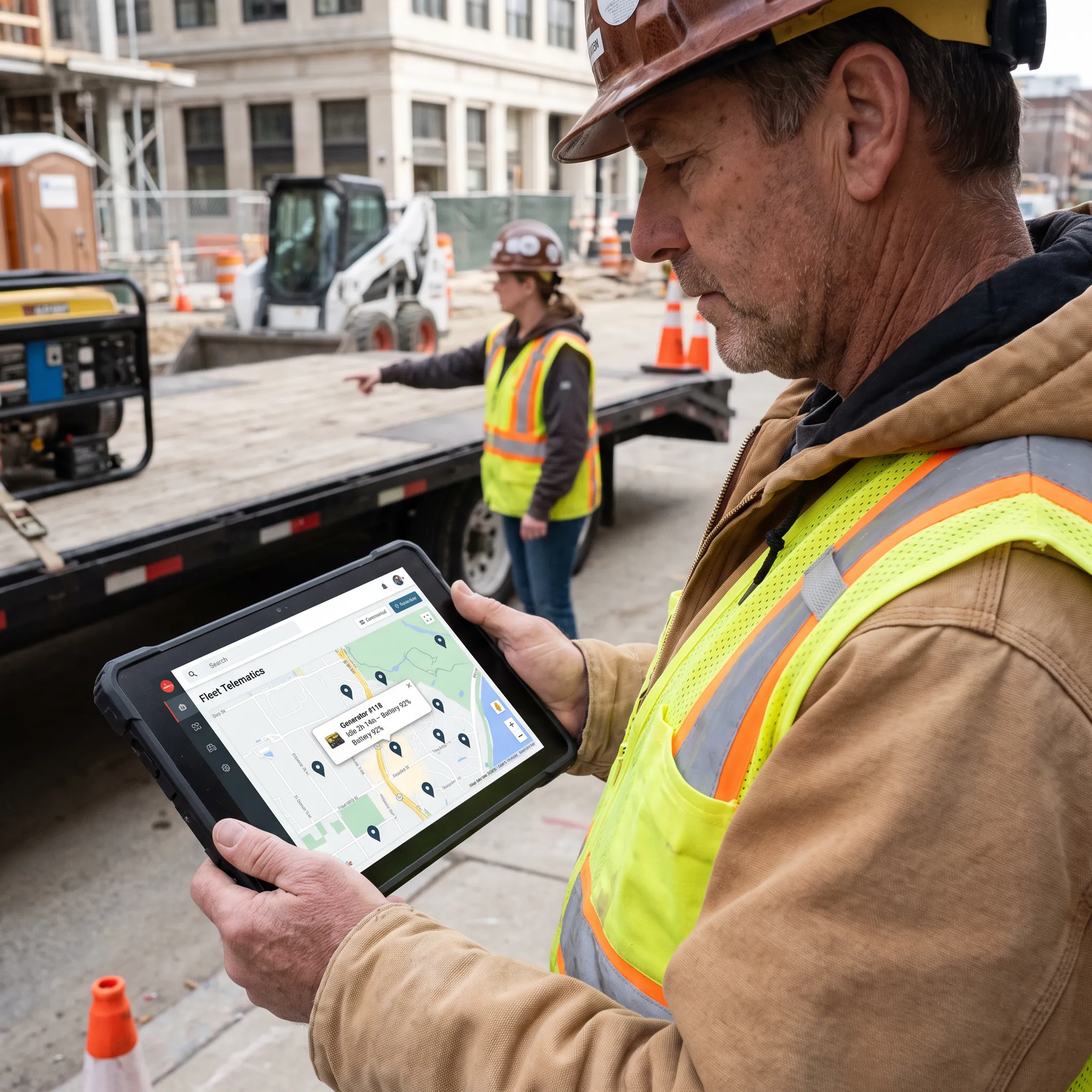 GPS asset tracker monitoring equipment at a busy worksite