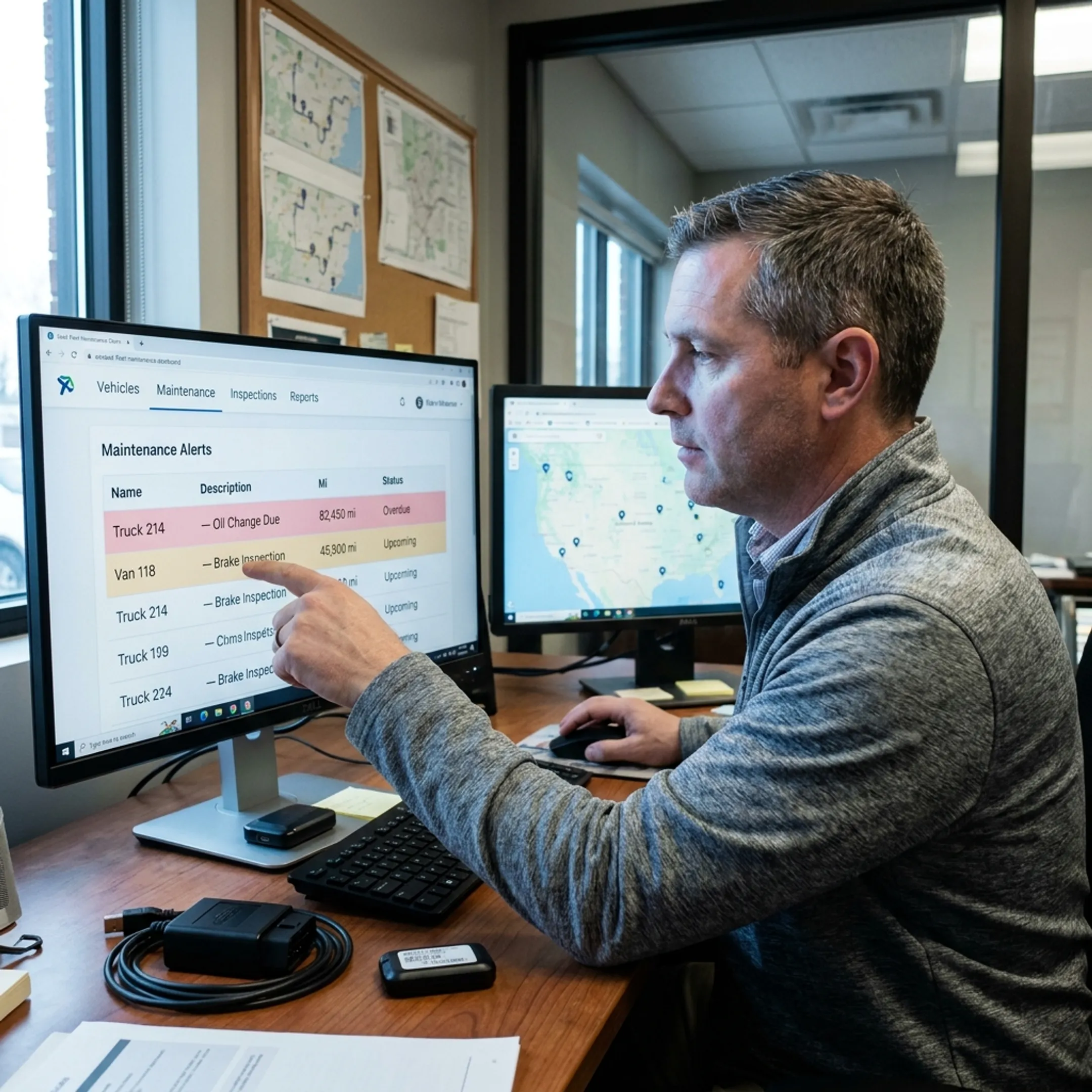 Maintenance dashboard showing vehicle service alerts and records