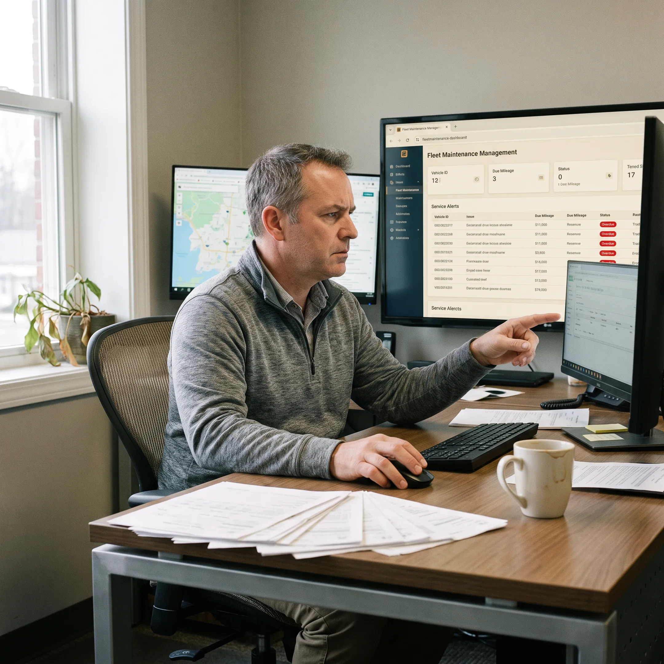 Fleet manager reviewing vehicle maintenance schedules on software dashboard