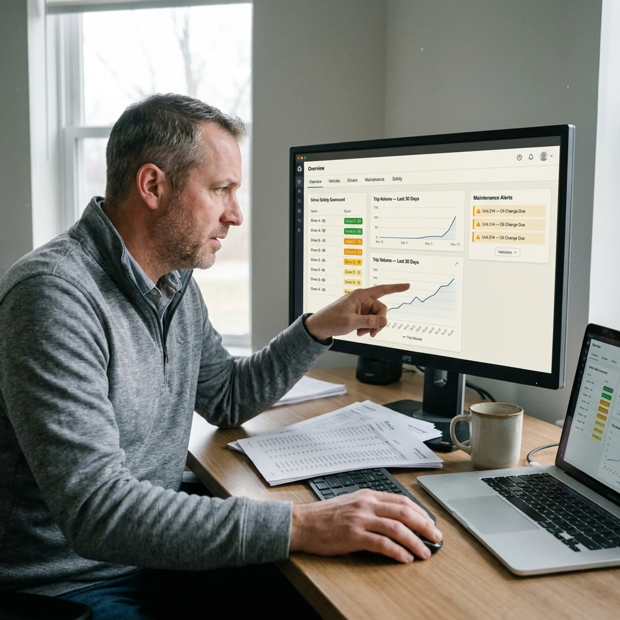 Manager reviewing fleet safety and telematics data