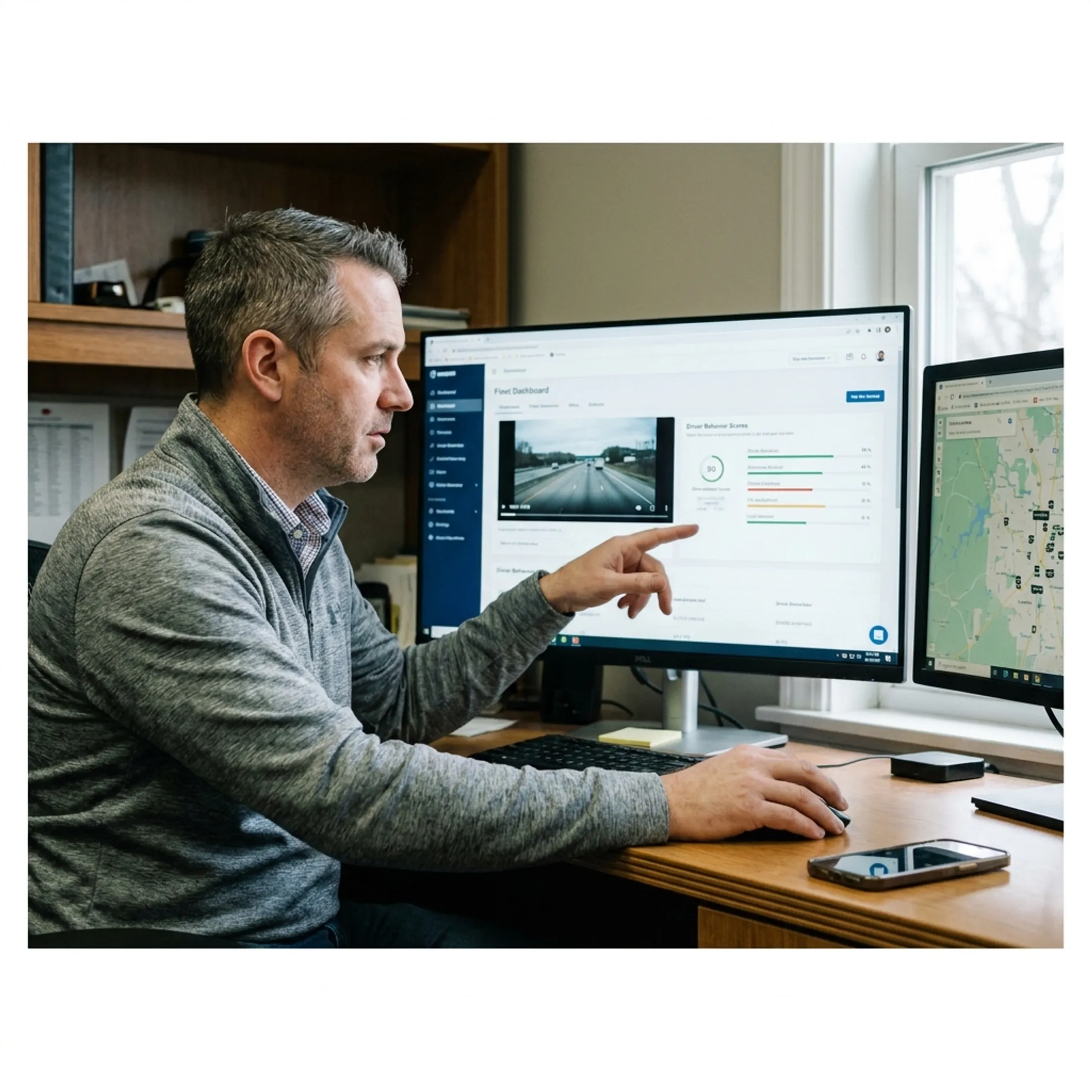 Fleet manager reviewing truck dash cam footage and safety data