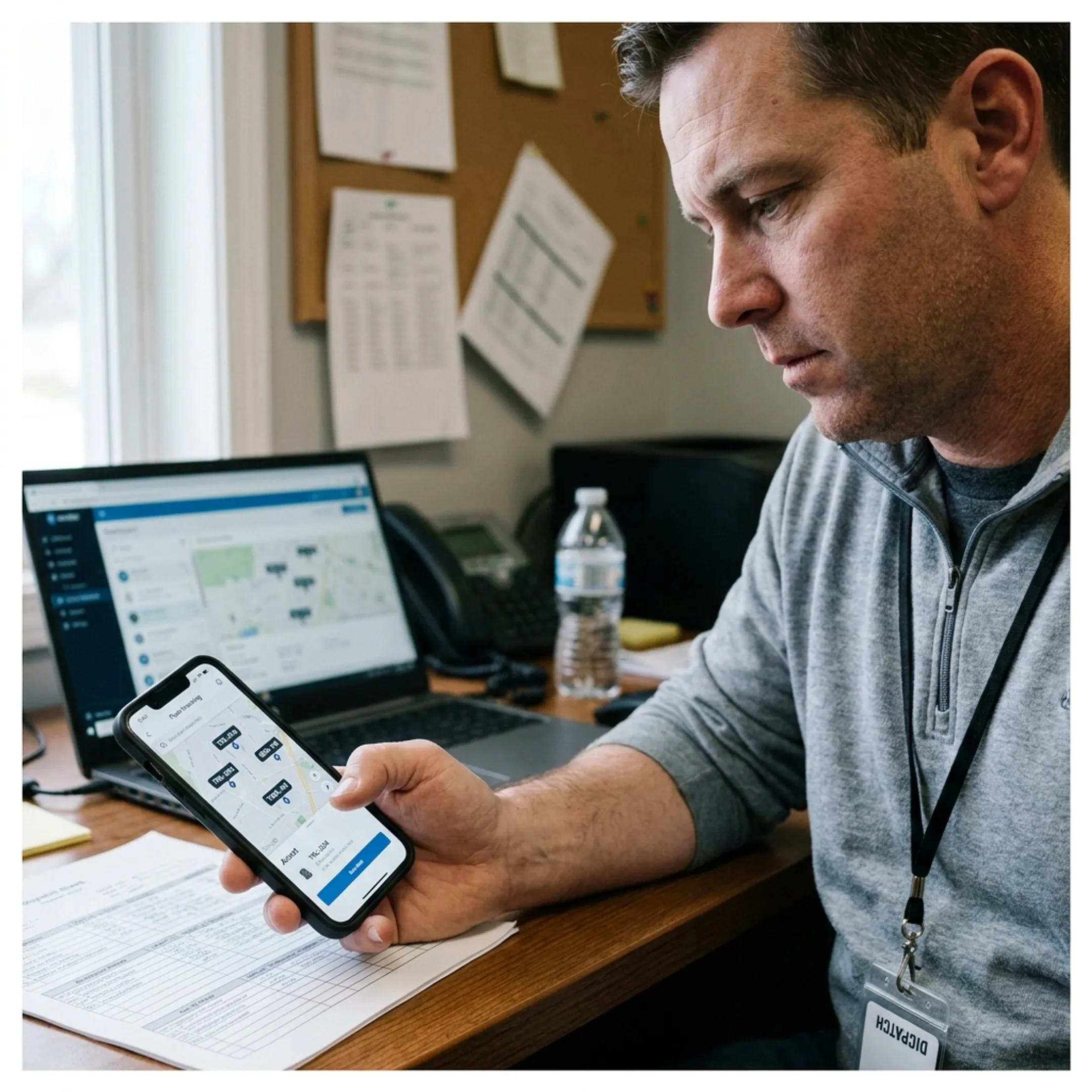 Manager reviewing tracked equipment locations on a mobile device