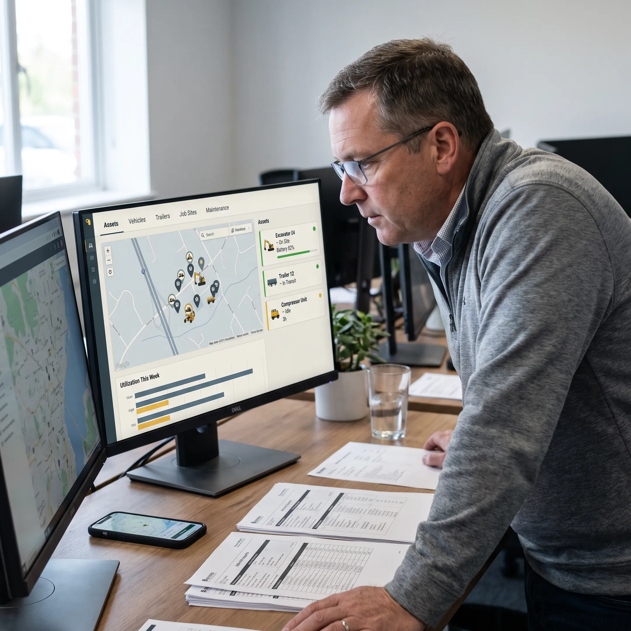 Equipment asset tracking dashboard with tracked machinery and tools