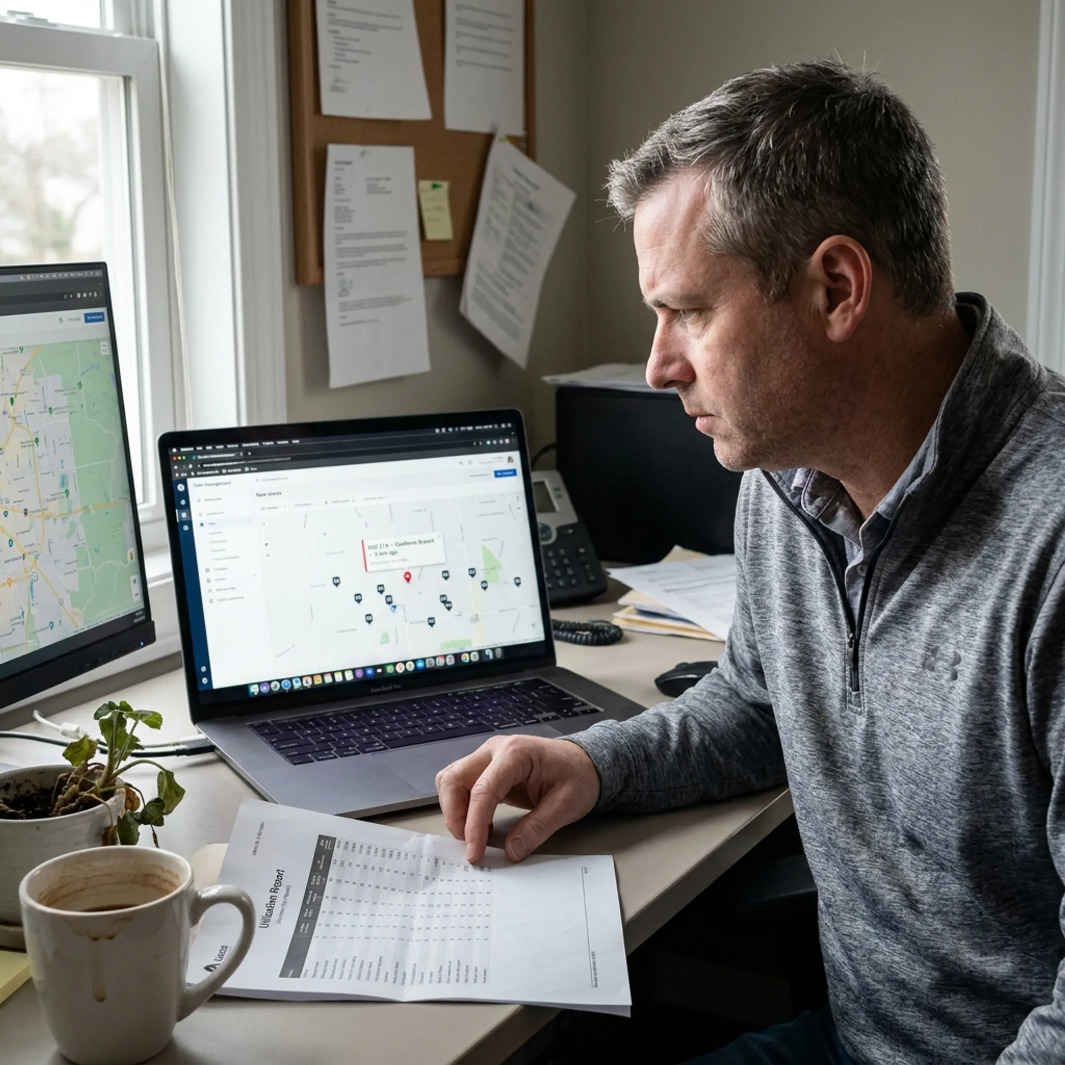 Utility manager reviewing equipment locations and movement alerts