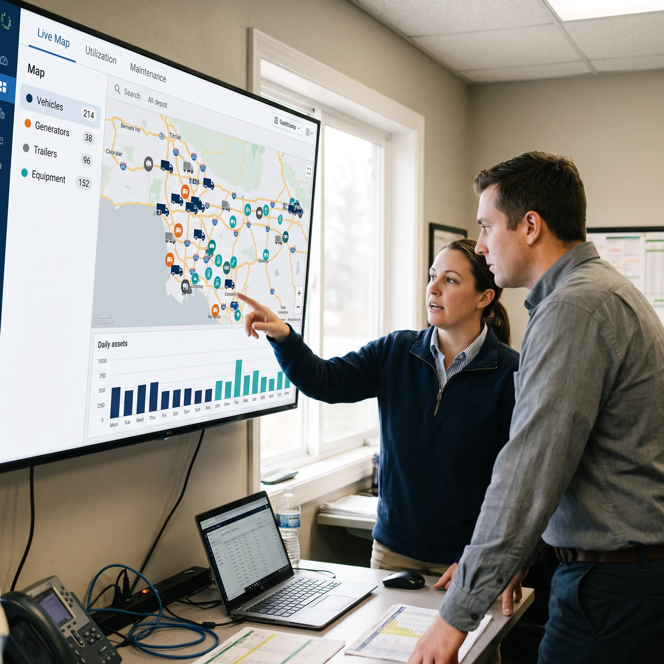 Utility crew monitoring tracked vehicles and equipment on an asset management dashboard
