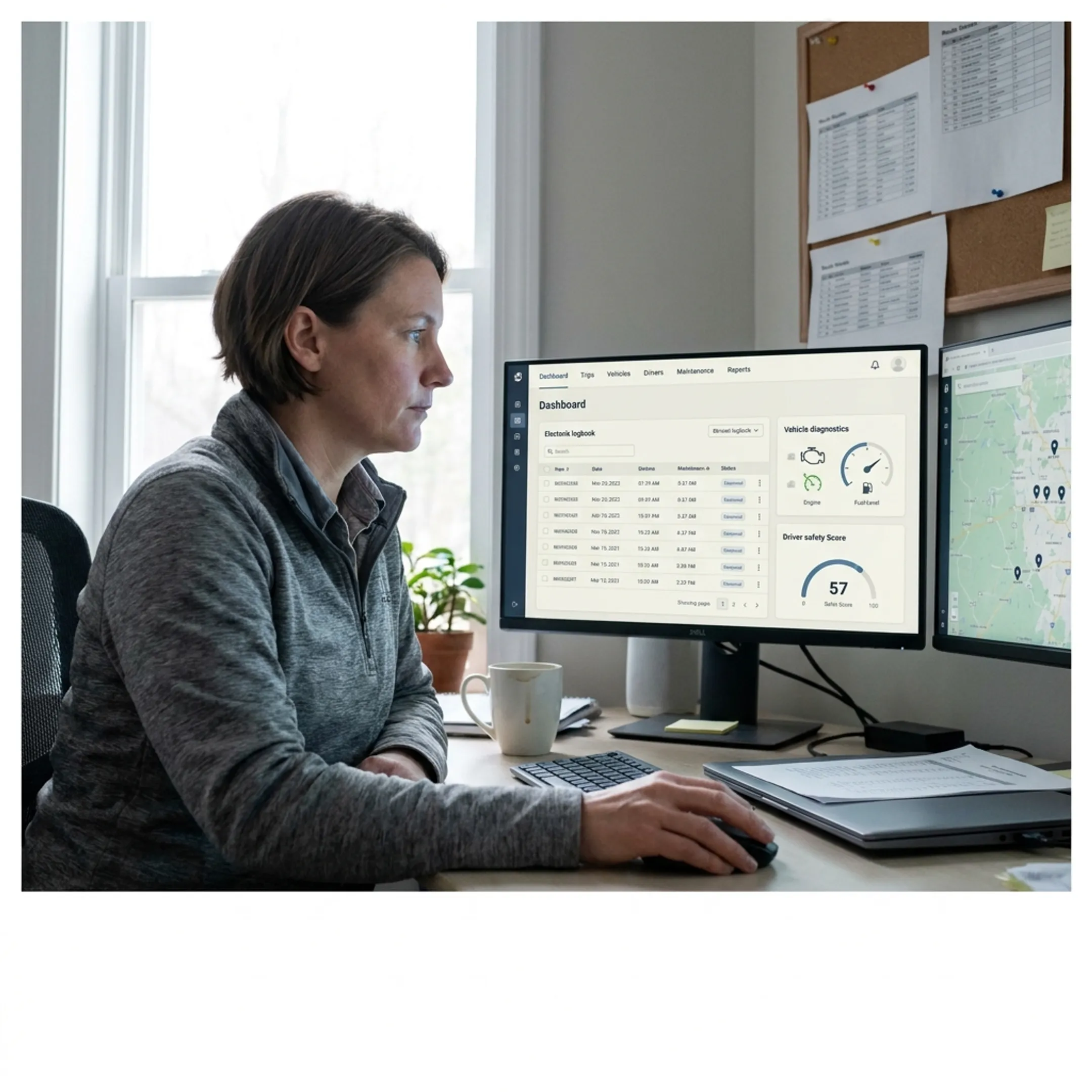 Manager viewing connected fleet logbook and safety data