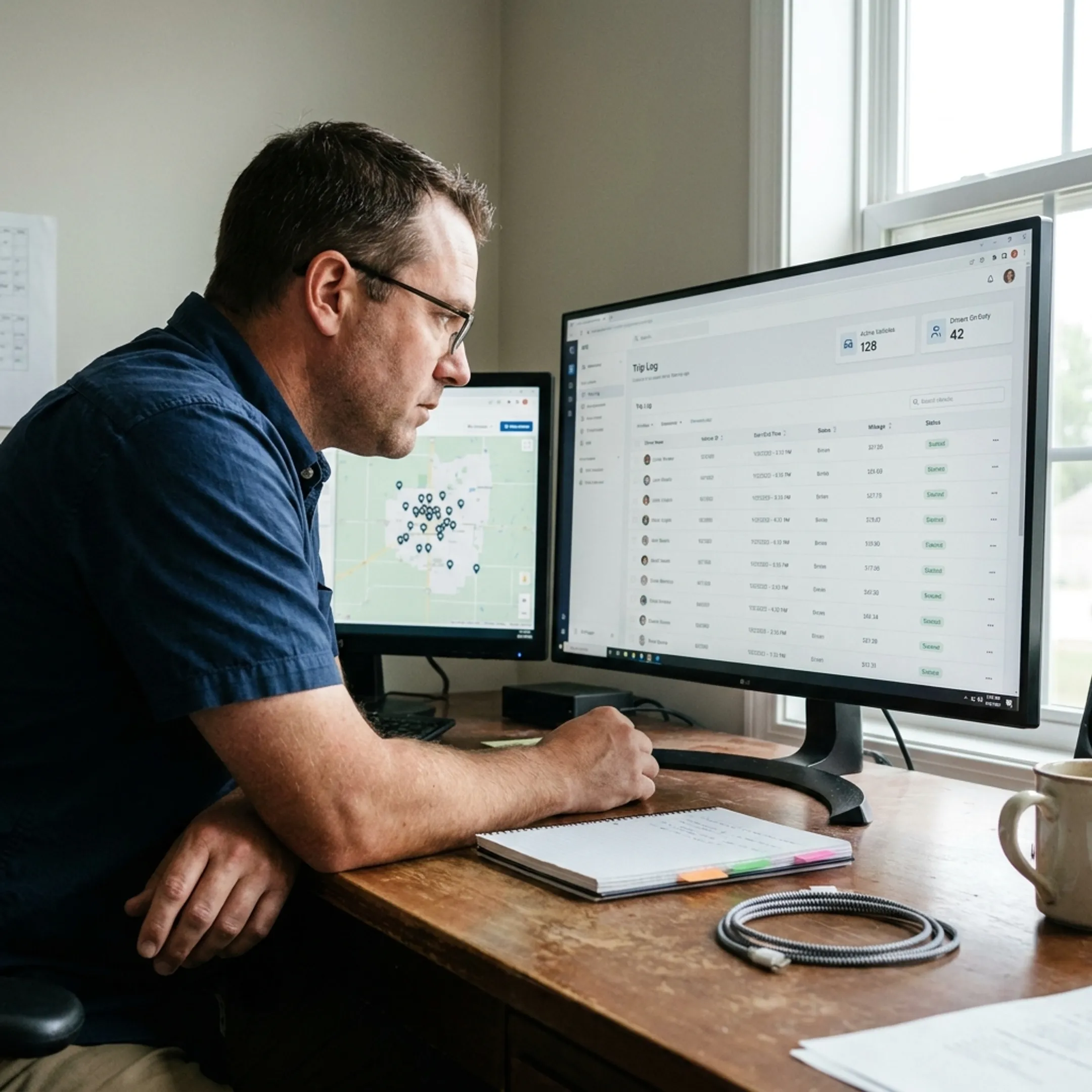 Fleet manager analyzing trip logs and driver activity on a fleet management platform