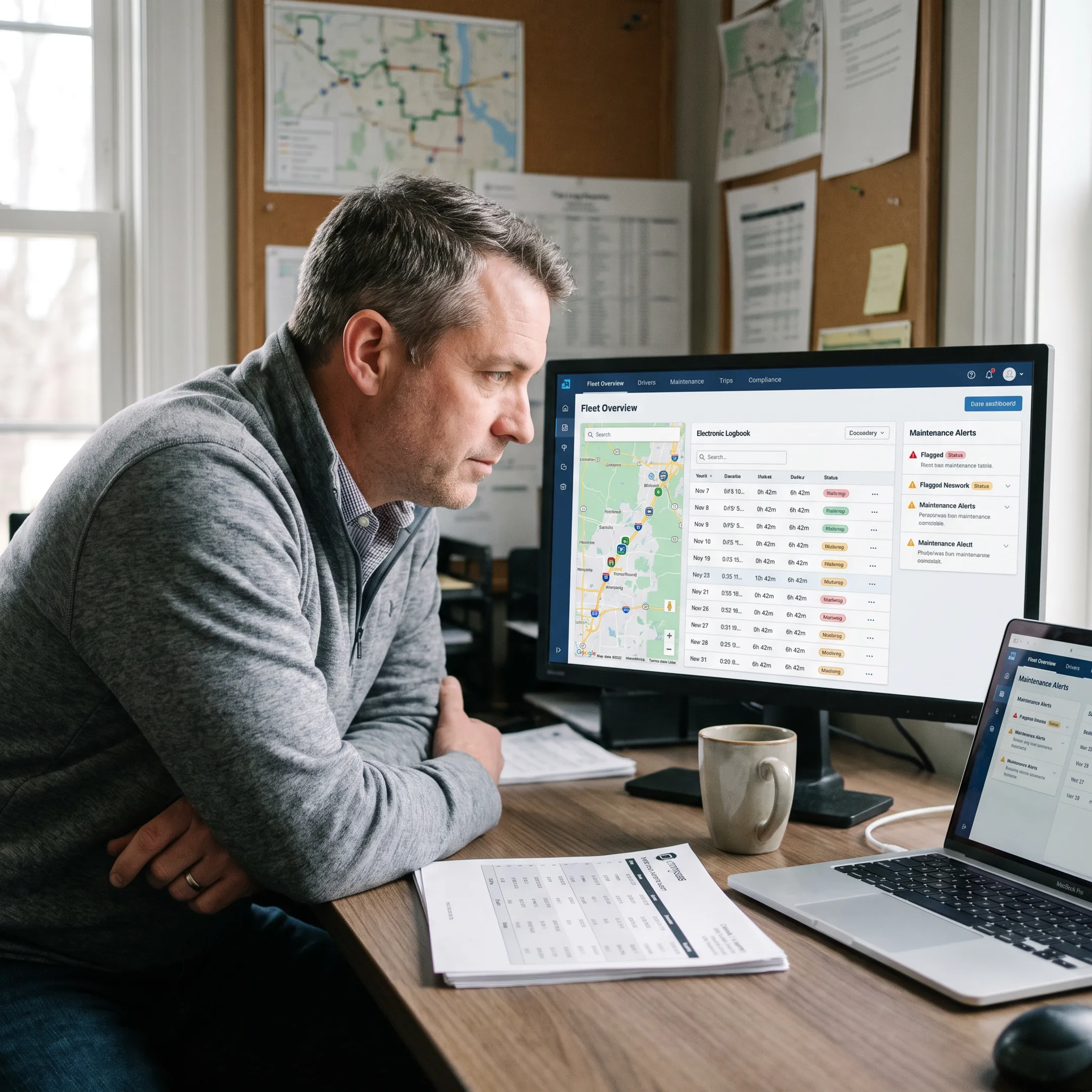 Fleet manager reviewing electronic logbook and vehicle activity dashboard